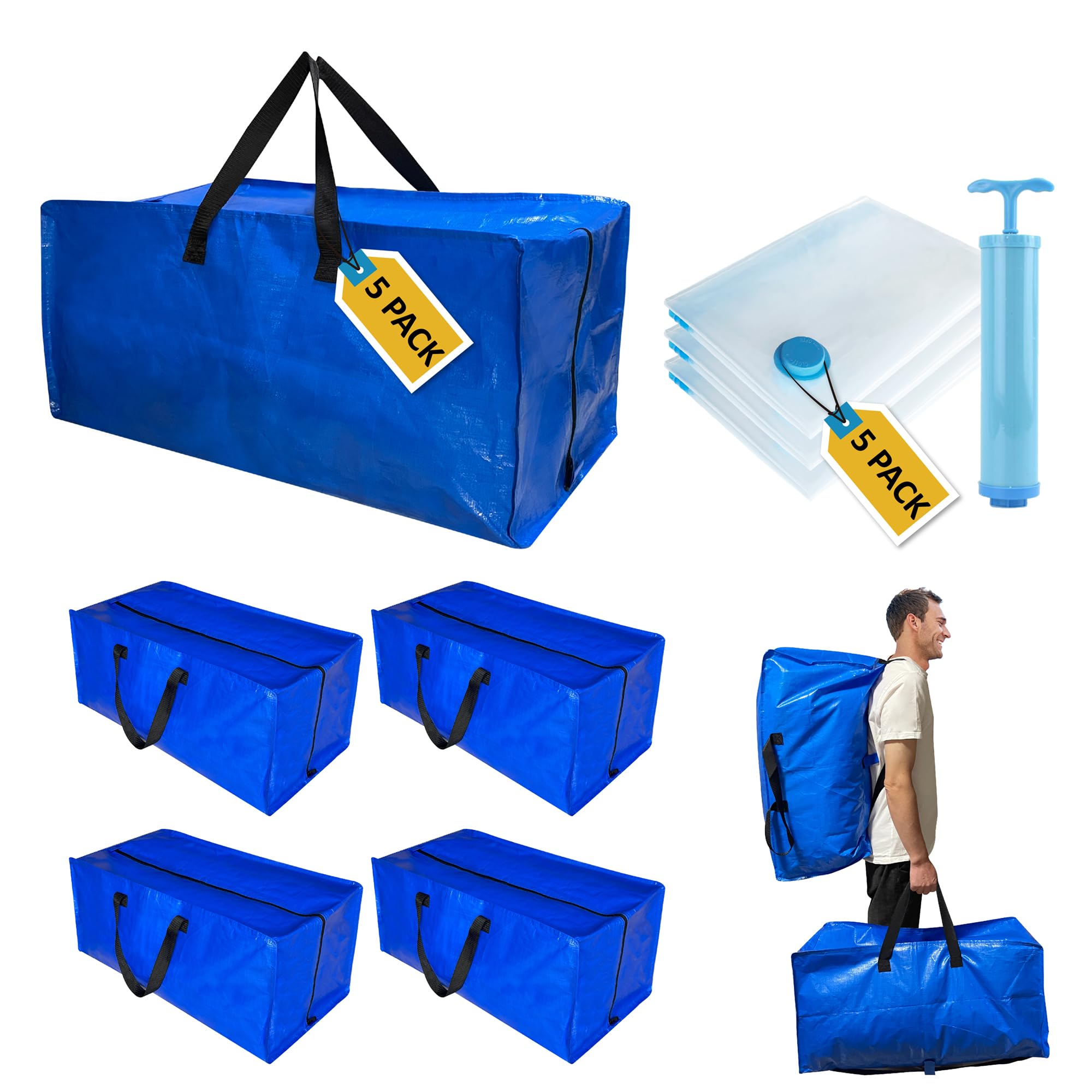 10 Pack Heavy Duty Extra Large Moving Bags With Backpack Straps & Vacuum Storage Bags Moving Supply Combo, Moving Totes With Han