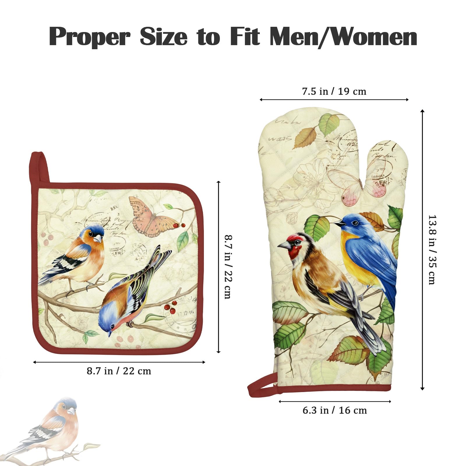 Arquiel Vintage Bird Oven Mitts And Pot Holders Sets 4Pcs, 100% Cotton Heat Resistant, Extra Long Oven Gloves Potholder For Kitc