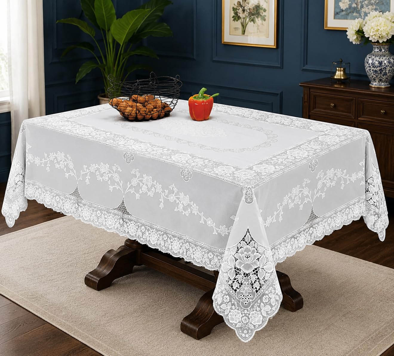 Violet Linen Vinyl Lace Betenburg Design Oblong/Rectangle Tablecloth, 60 x 104, White