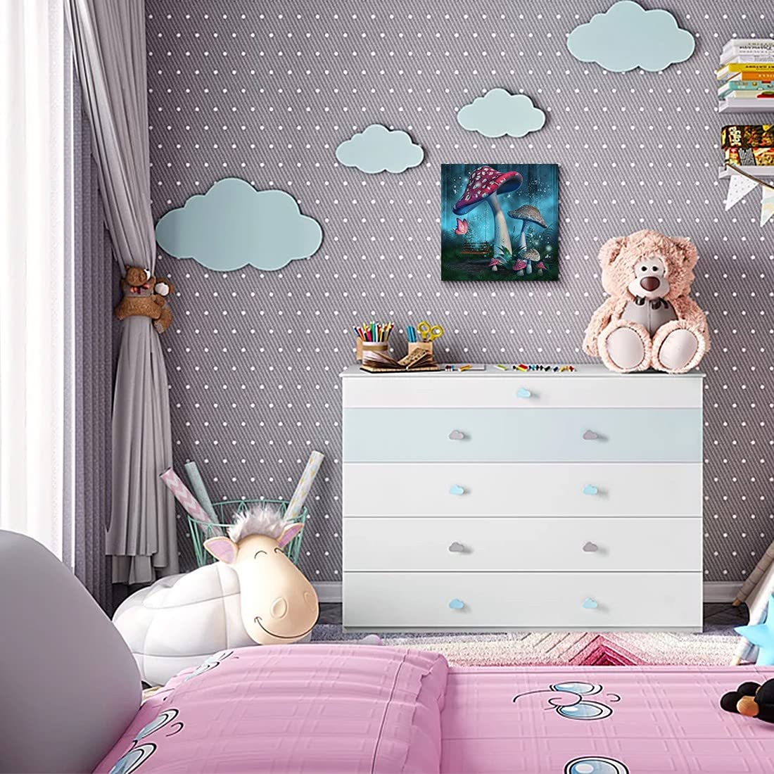 Magical Forest Wall Art Fantasy Mushroom Wall Decor Nature Landscape Plant Picture Butterflies Canvas Print Nursery Decor Fairyt