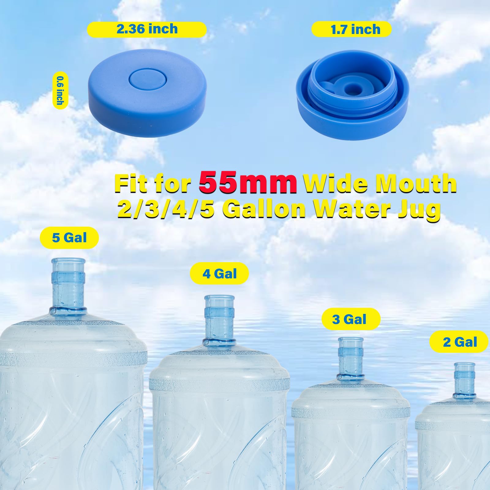 (3 Pack) Yepfomi Reusable 5 Gallon Water Jug Cap, Food Grade Silicone Replacement Bucket Lid For 2/3/4/5 Gallon Bottle 55Mm Stan