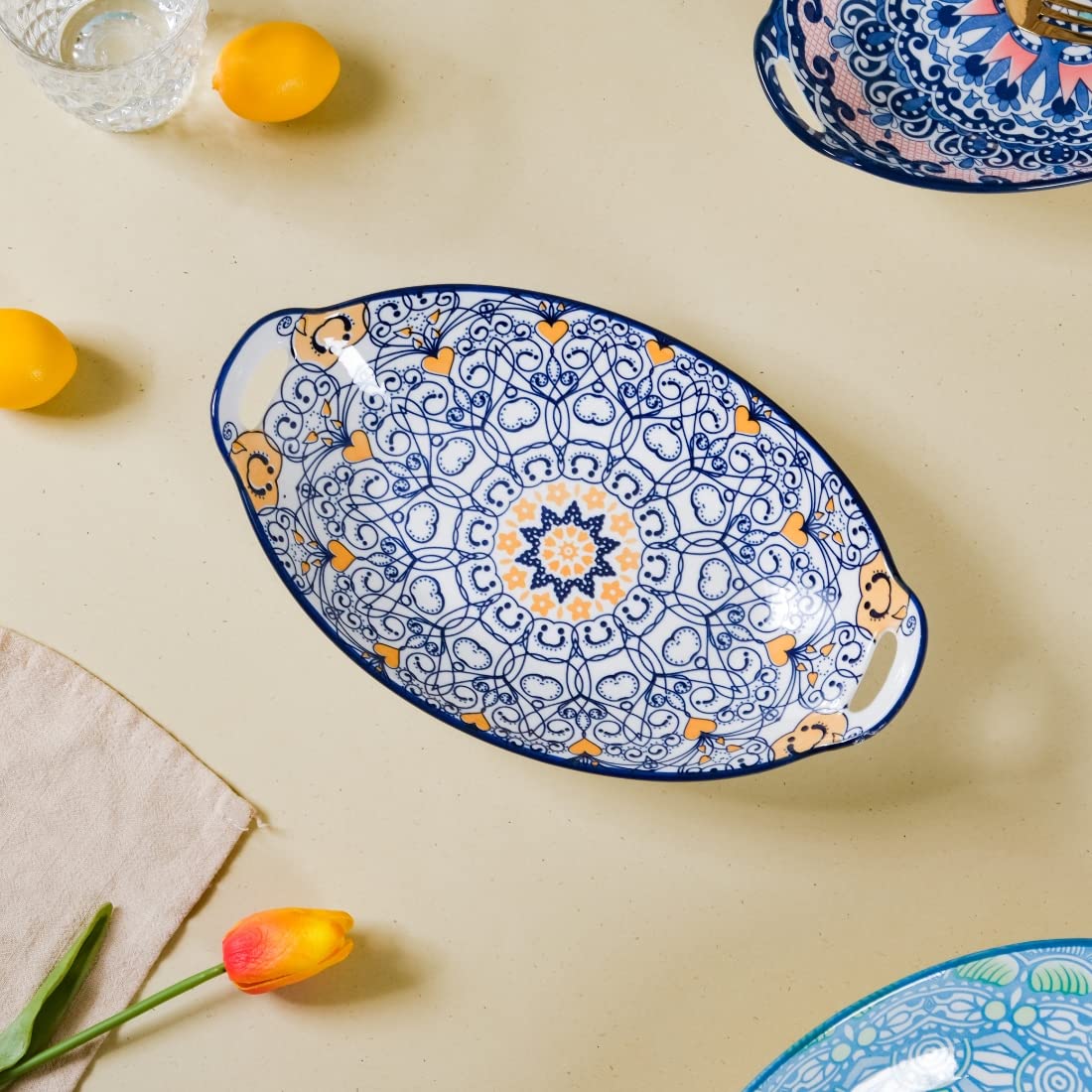 Nestasia Dark Blue Mandala Ceramic Long Dish with Handles for Serving Snacks, Appetizers, Salads, and Noodles| Microwave Safe, D