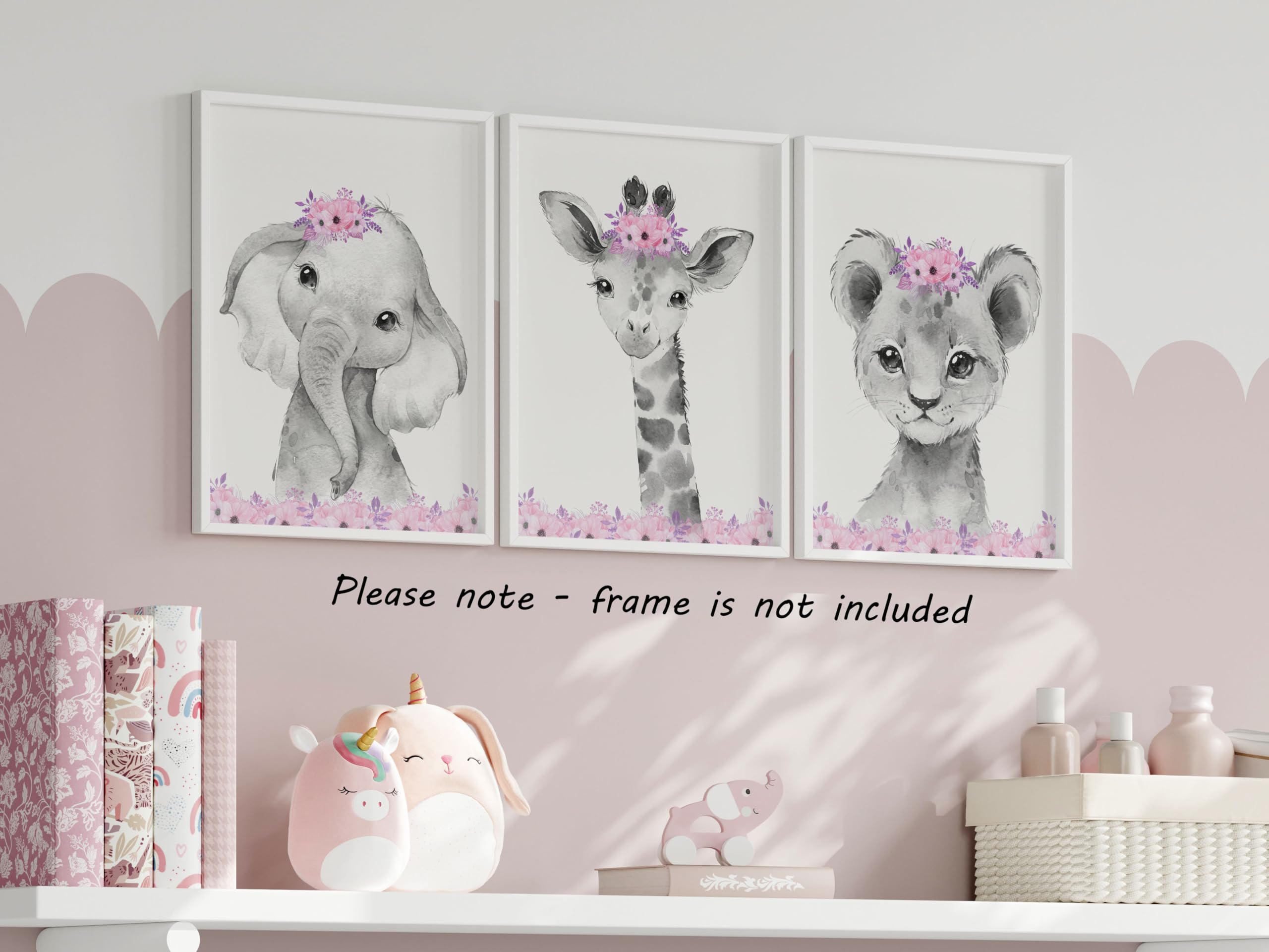 Safari Animals Baby Girls Nursery Set of 3 Unframed Wall Art Prints  Gray Baby Animals with Pink Flowers  Child Bedroom Nursery Decor Posters  Giraffe Elephant Lion (8x10)