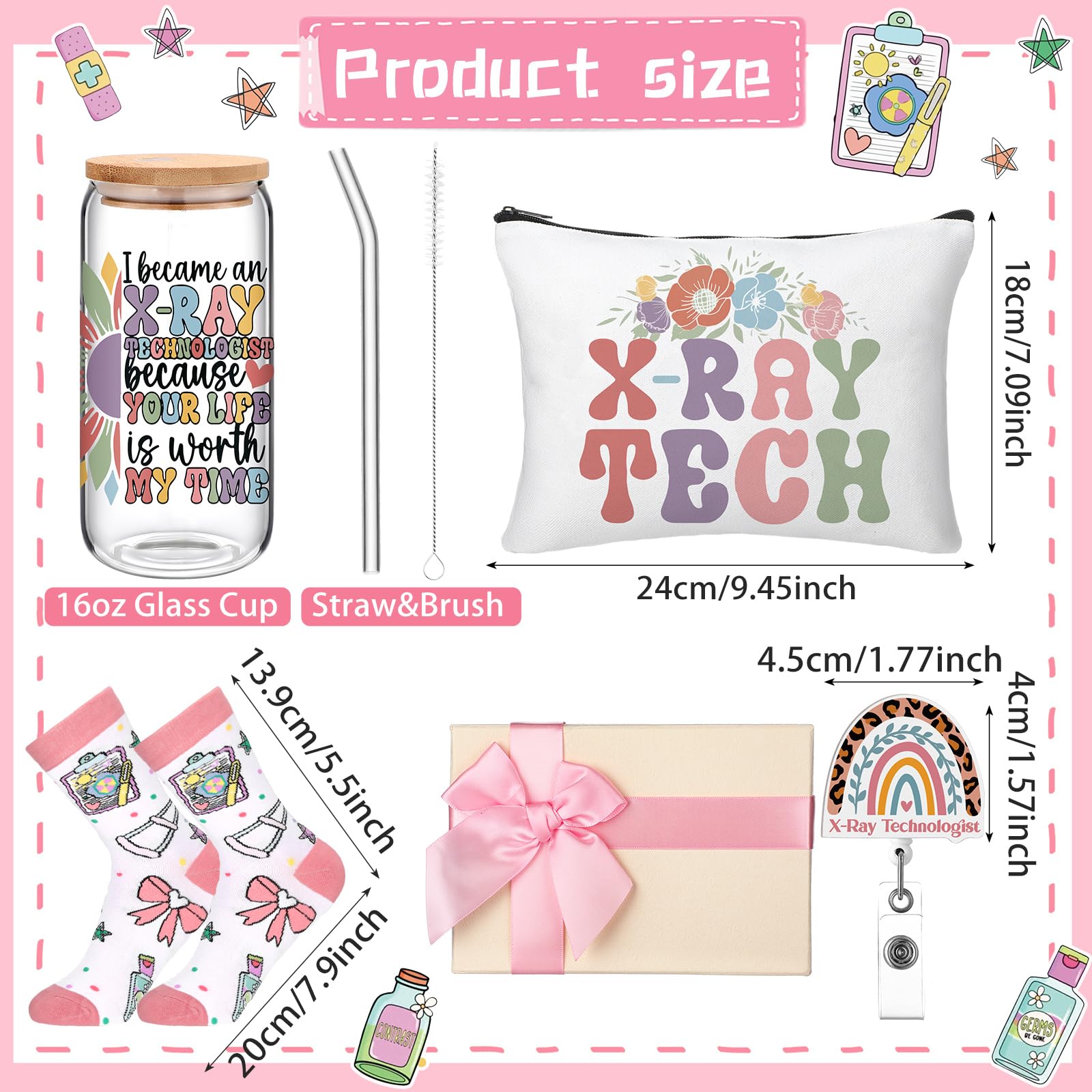 Skylety 5 Pcs Christmas X-Ray Technologist Gift 16oz Glass Cup Sock Cosmetic Bag Badge Reel X-Ray Technologist Appreciation Gift
