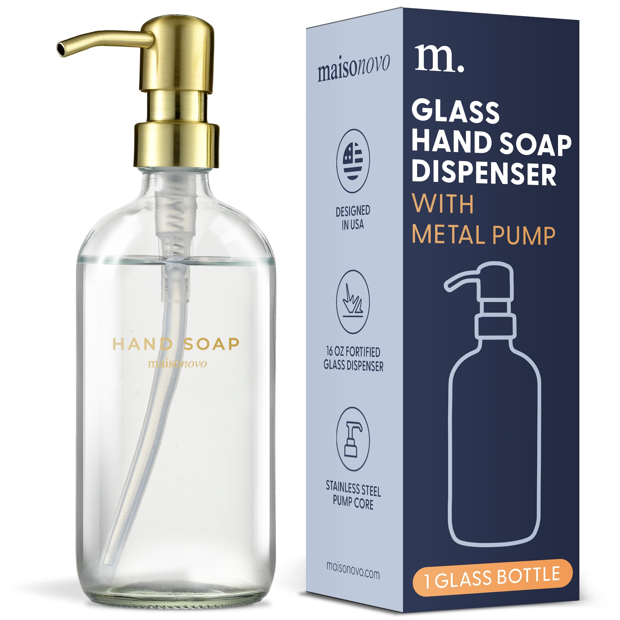 Maisonovo Hand Soap Dispenser For Bathroom | 16.9 Fl Oz Clear Glass Gold Pump X 1