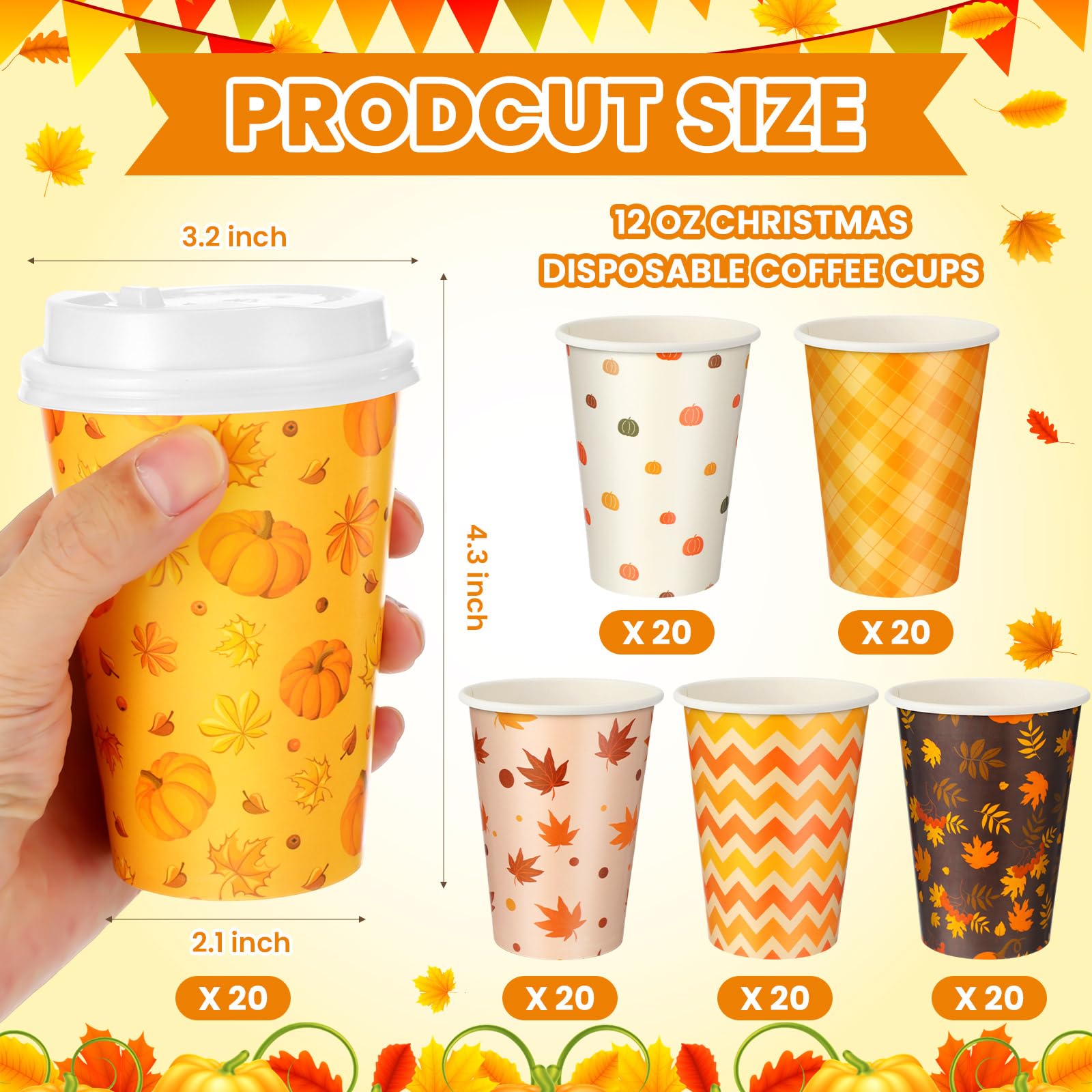 Sliner 120 Pcs Fall Thanksgiving Disposable Coffee Cups with Lids 12 oz Autumn Hot Cold Drinks Paper Cups Pumpkin Maple Leaf Bev