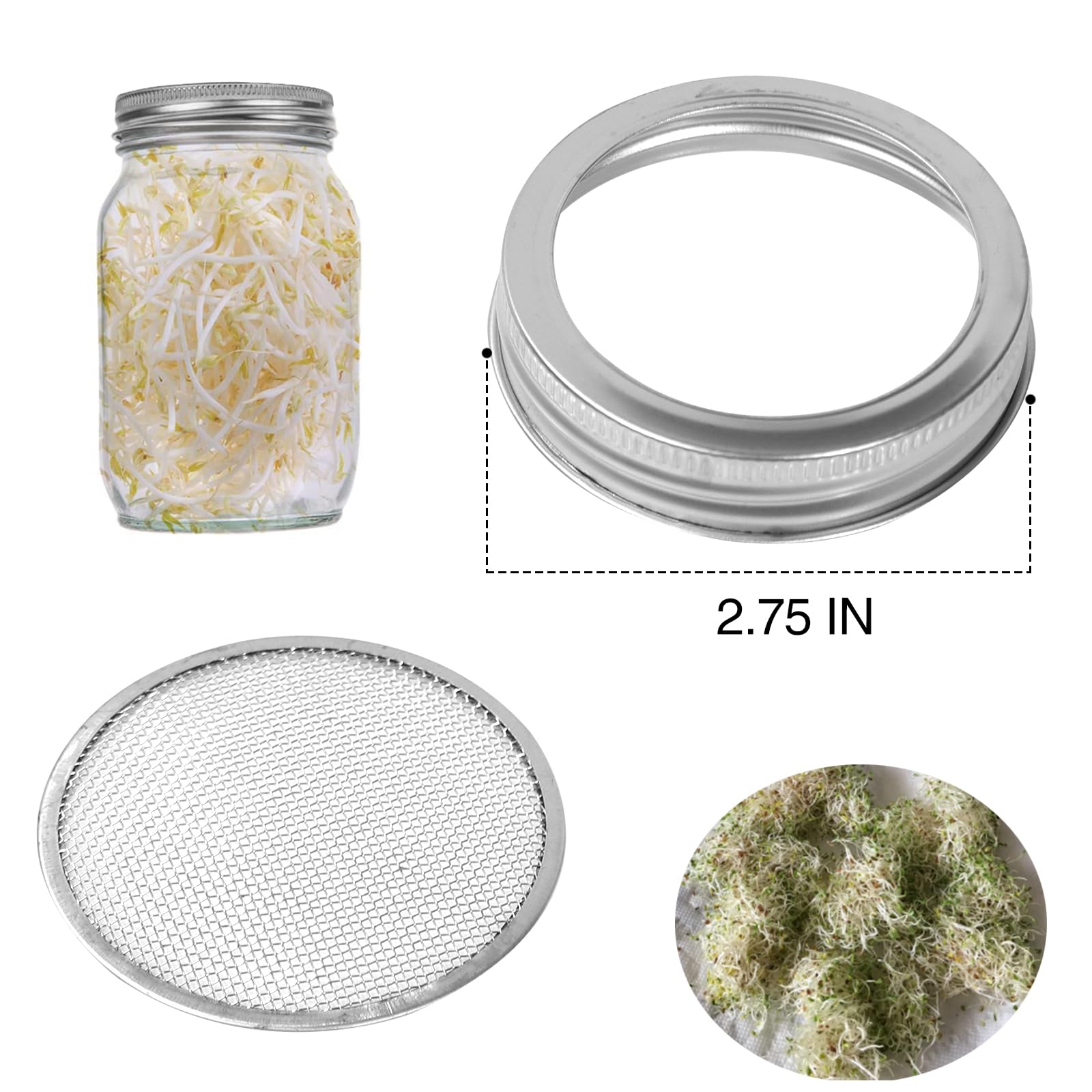 4 Pack Sprouting Lids, Mason Jar Sprouting Lids 20 Mesh 304 Stainless Steel Regular Mouth Jar Screen Sprouting Kit Lids For Grow