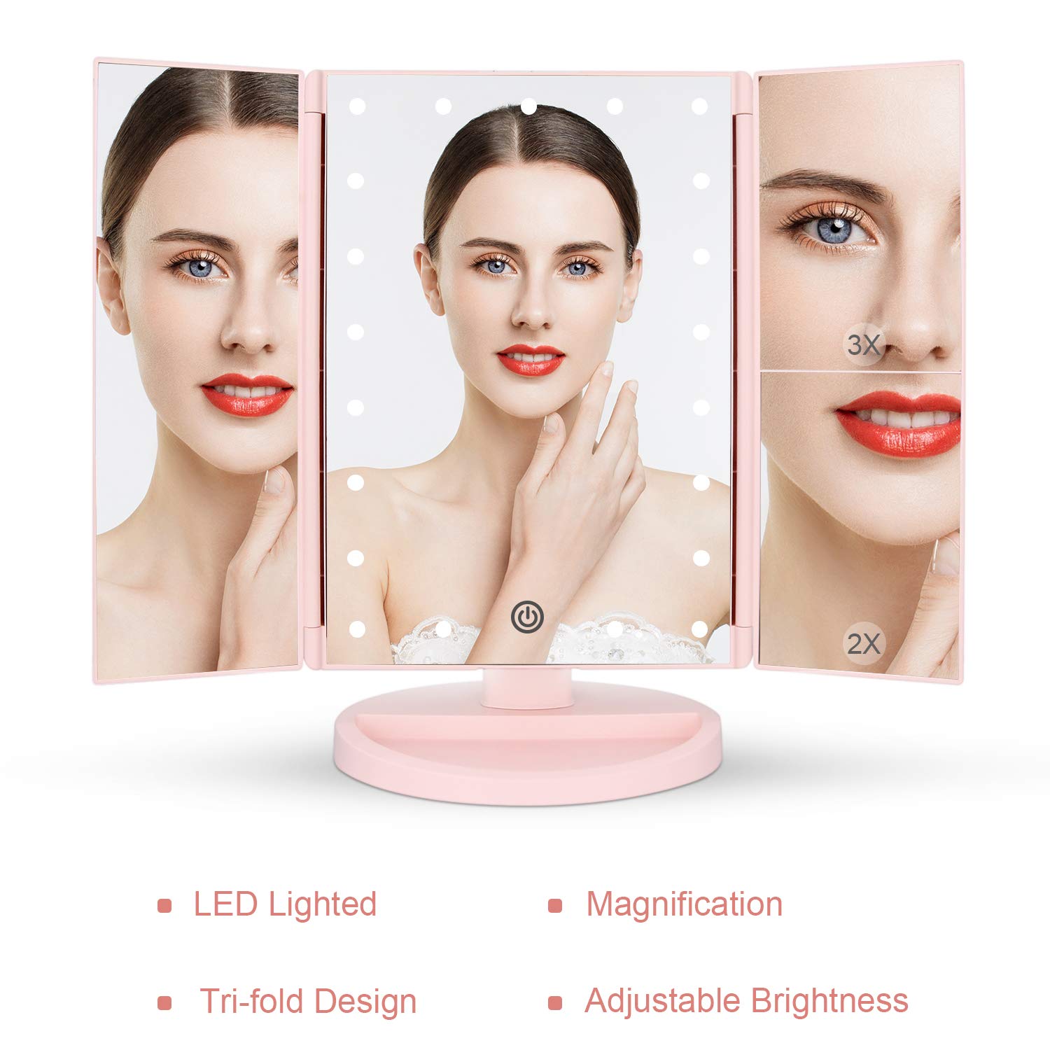 deweisn Tri-Fold Lighted Vanity Mirror with 21 LED Lights, 3X/2X/1X Magnification, Plastic, Pink, 10.83" H x 6