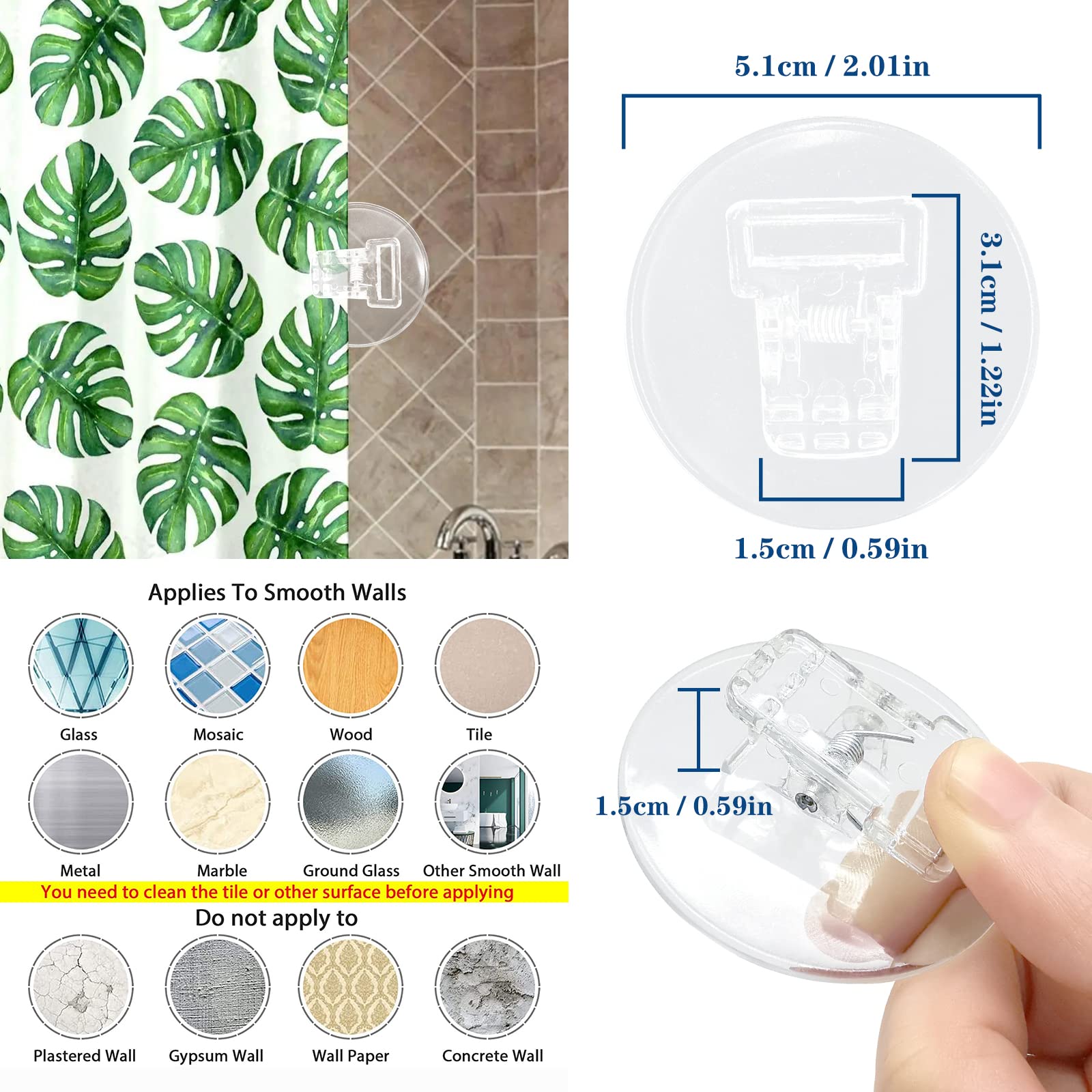 4 Pack Shower Curtain Clips, Windproof Shower Splash Guard,Self Adhesive Shower Curtain Holder For Inside Shower Splash Water Wa