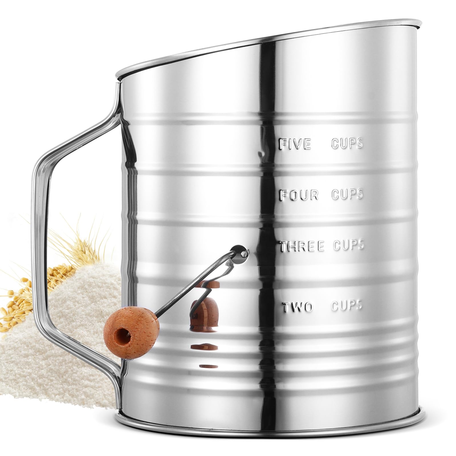 Flour Sifter For Baking, 304 Stainless Steel 5 Cup Flour Sieve Fine Mesh Screen Powder Sifters With Loop Agitator For Quick Sift