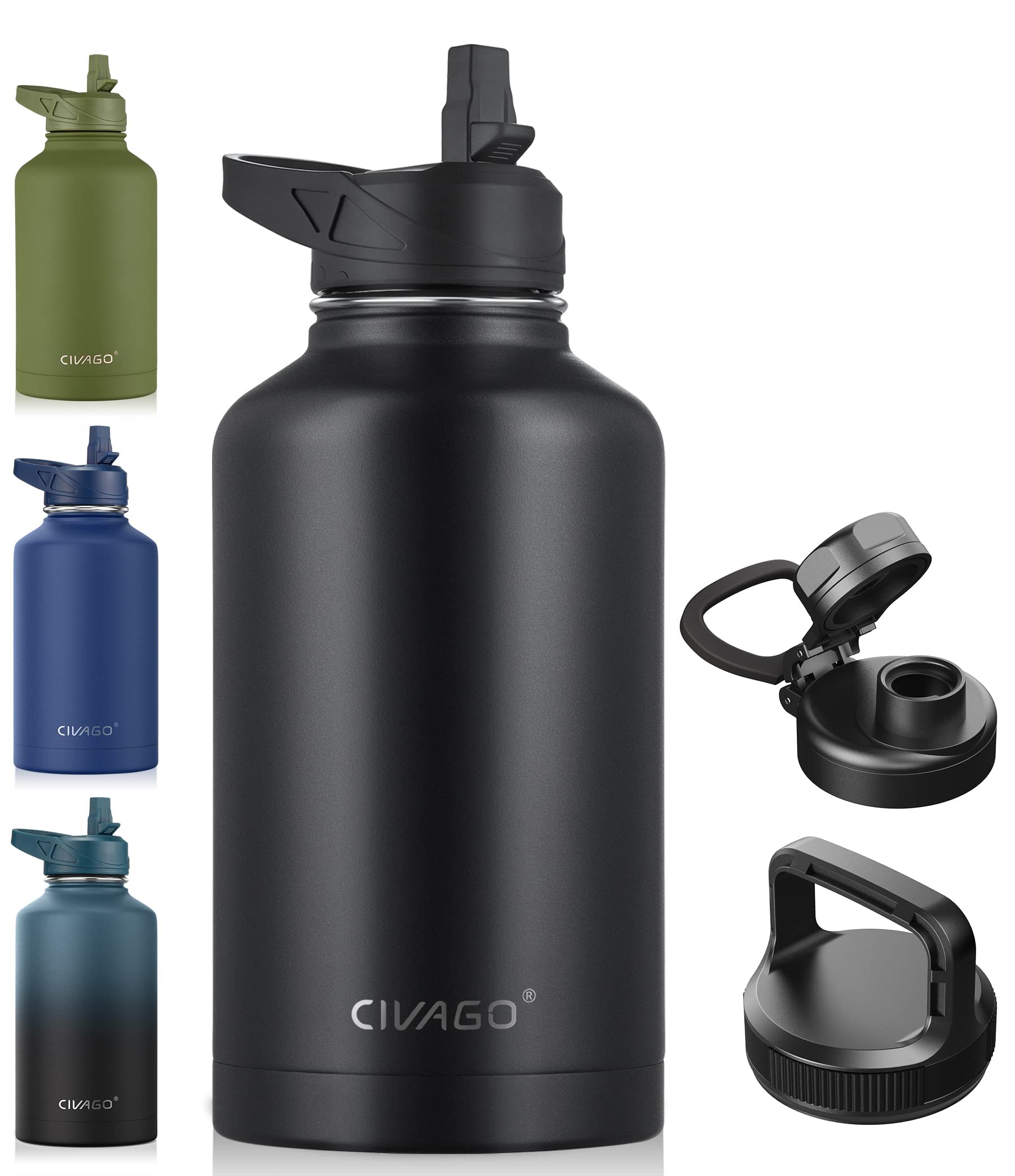Civago 64 Oz Insulated Water Bottle With Straw, Half Gallon Stainless Steel Sports Water Flask Jug With 3 Lids (Straw, Spout And