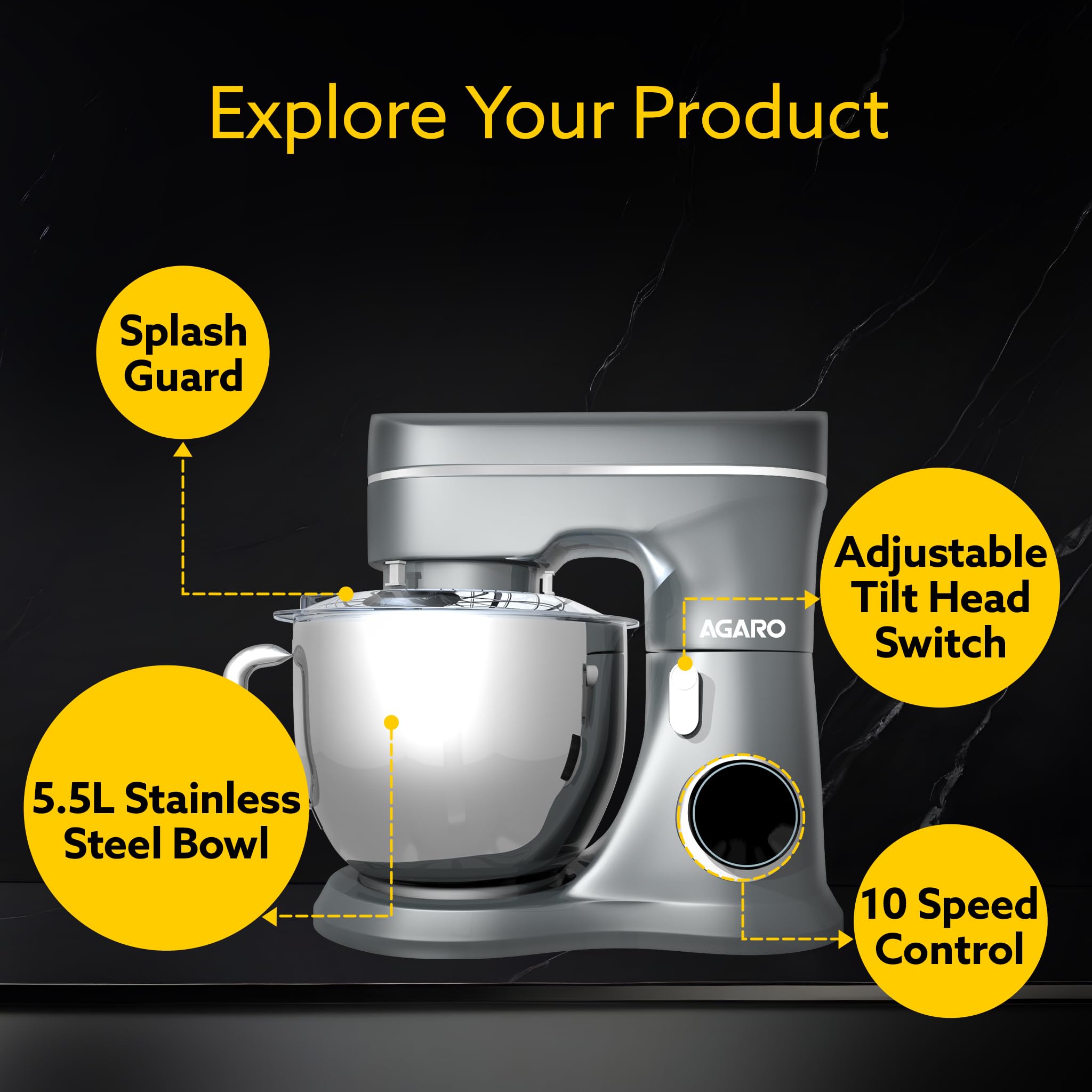 AGARO Elegant Stand Mixer, 1400W with 5.5L SS Bowl, 10 Speed Settings, Pulse Function, 100% Copper Motor, Includes Whisker, Beat