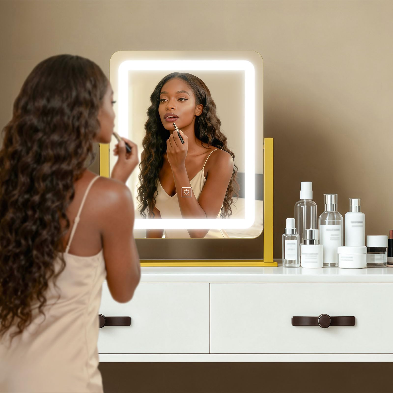 HNV Vanity Mirror with Lights - 15 x13  LED Lighted Makeup Mirror, Dimmable Touch Screen with 3-Color Lighting, 360 Rotation, Go