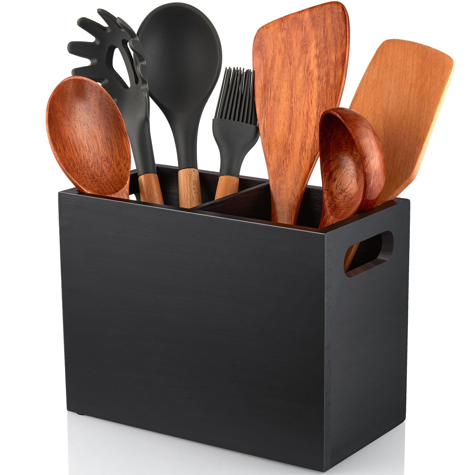 ALELION Black Utensil Holder for Kitchen Counter - 2 Compartment Large Kitchen Utensil Caddy Organizer for Countertop - Kitchen 