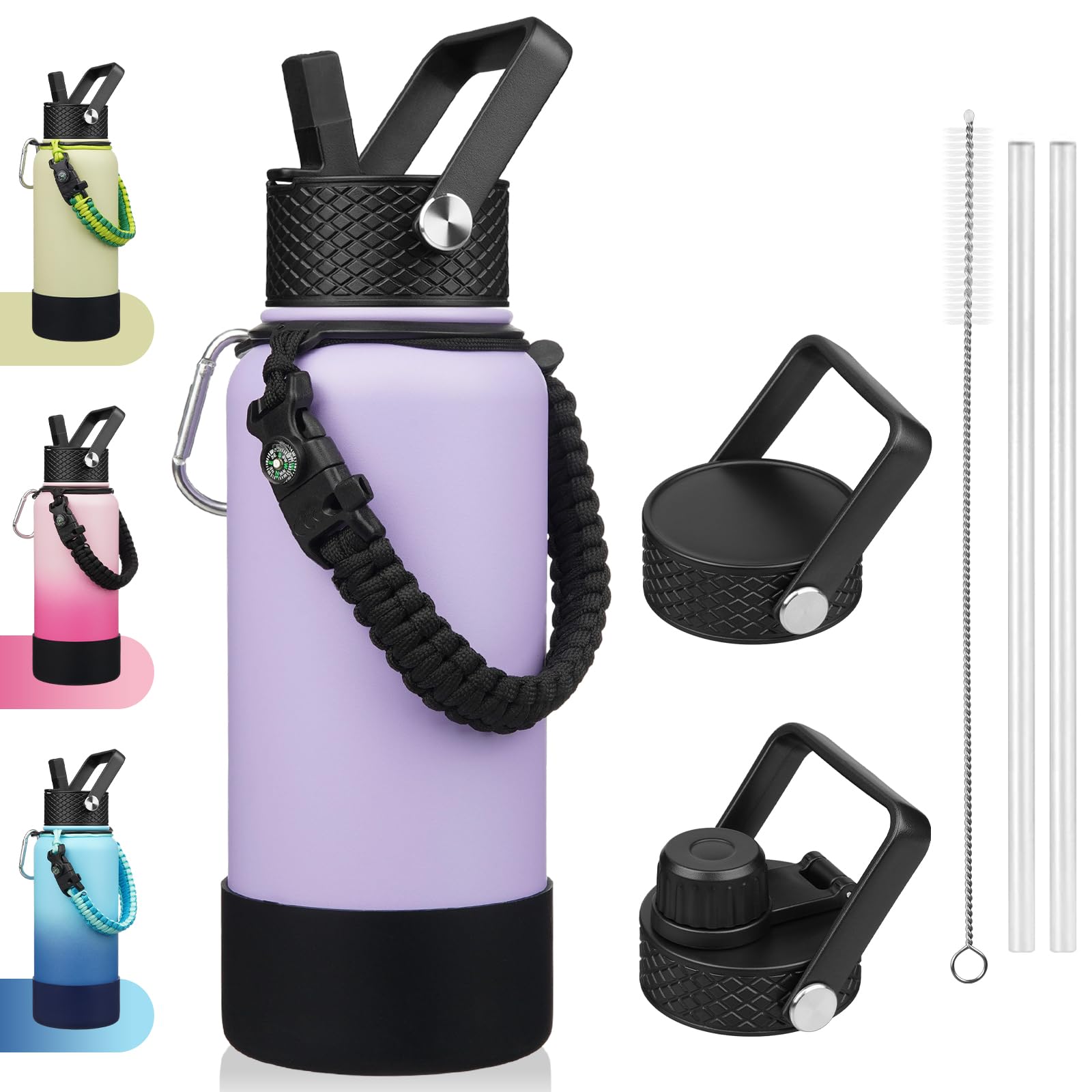 BJPKPK 32oz Insulated Water Bottles with 3 Lids, Paracord Handle & Non-slip Boot, Stainless Steel Metal Water Bottle,Reusable BP