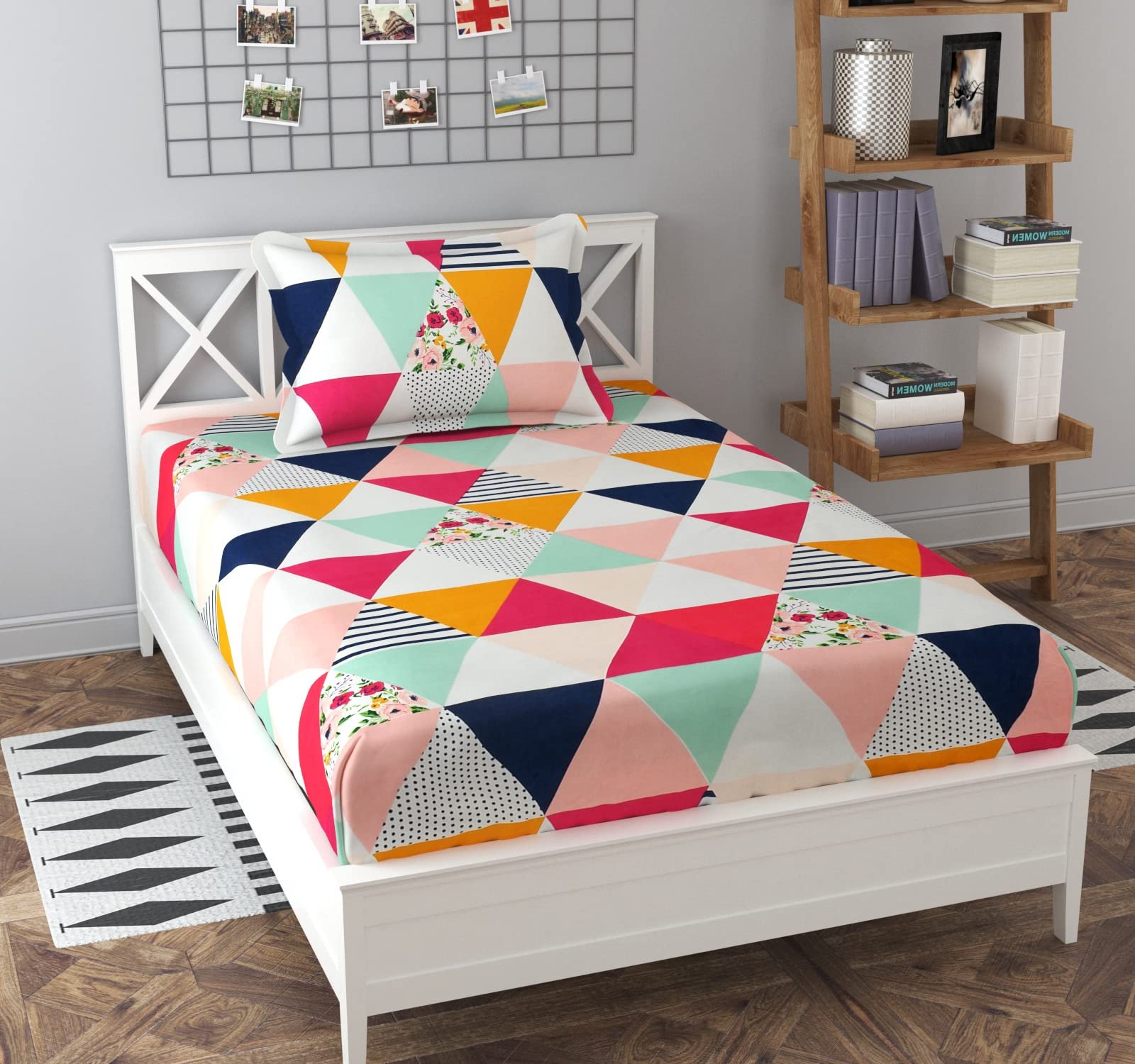 Kawi 200 Tc Single Bedsheet Elastic Fitted Glace Cotton With 1 Pillow Cover ( 72X 48 X8 ) Peach - White Colour(Single 72X48)