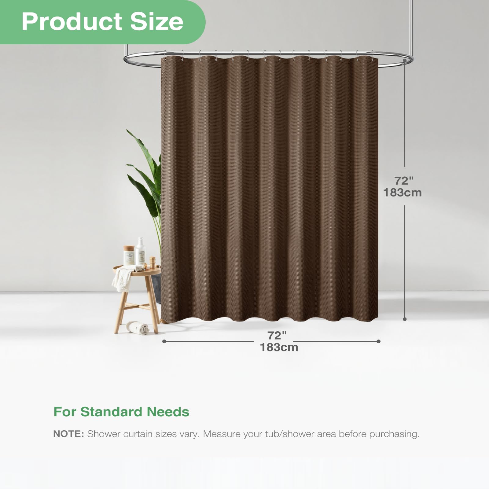 Dynamene Brown Fabric Shower Curtain - Waffle Weave Textured Heavy Duty Cloth  256GSM Hotel Luxury Weighted Bath Curtain Set with 12 Plastic Hooks  for Bathroom  72x72  Brown