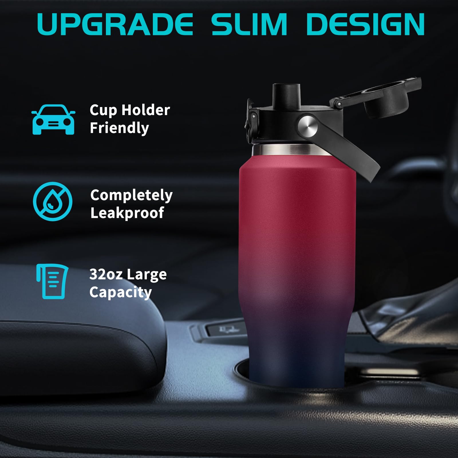 Stainless Steel Tumblers With Straw 32 Oz- Vacuum Insulated Water Bottle Flask For Car Office Gym, Cold-48H & Hot-24H, Water Fla
