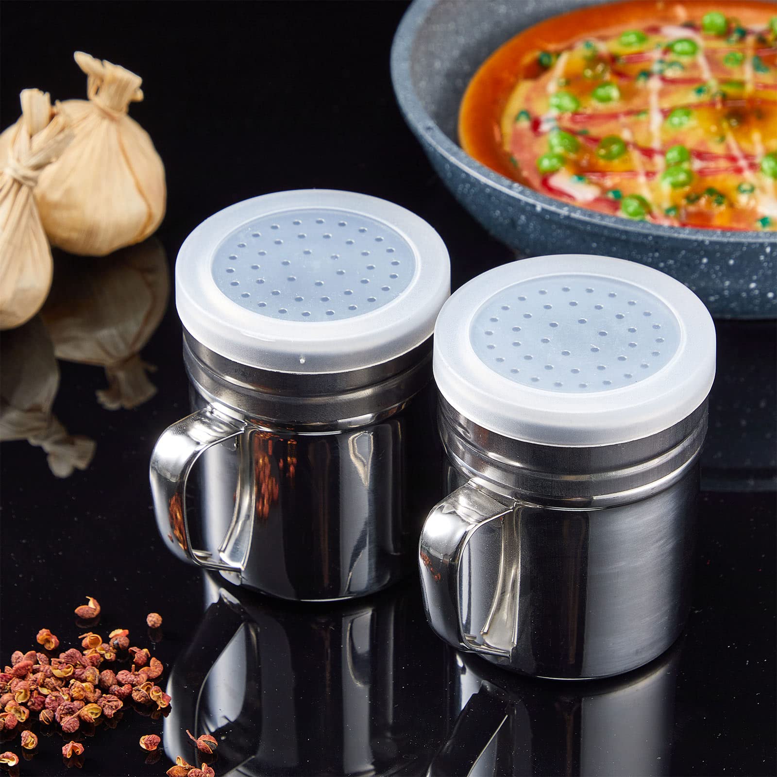 6 Pcs 10Oz Stainless Steel Salt And Pepper Shakers With Lid And Handle Dredge Spice Shaker Seasoning Sugar Shaker Condiment Popc