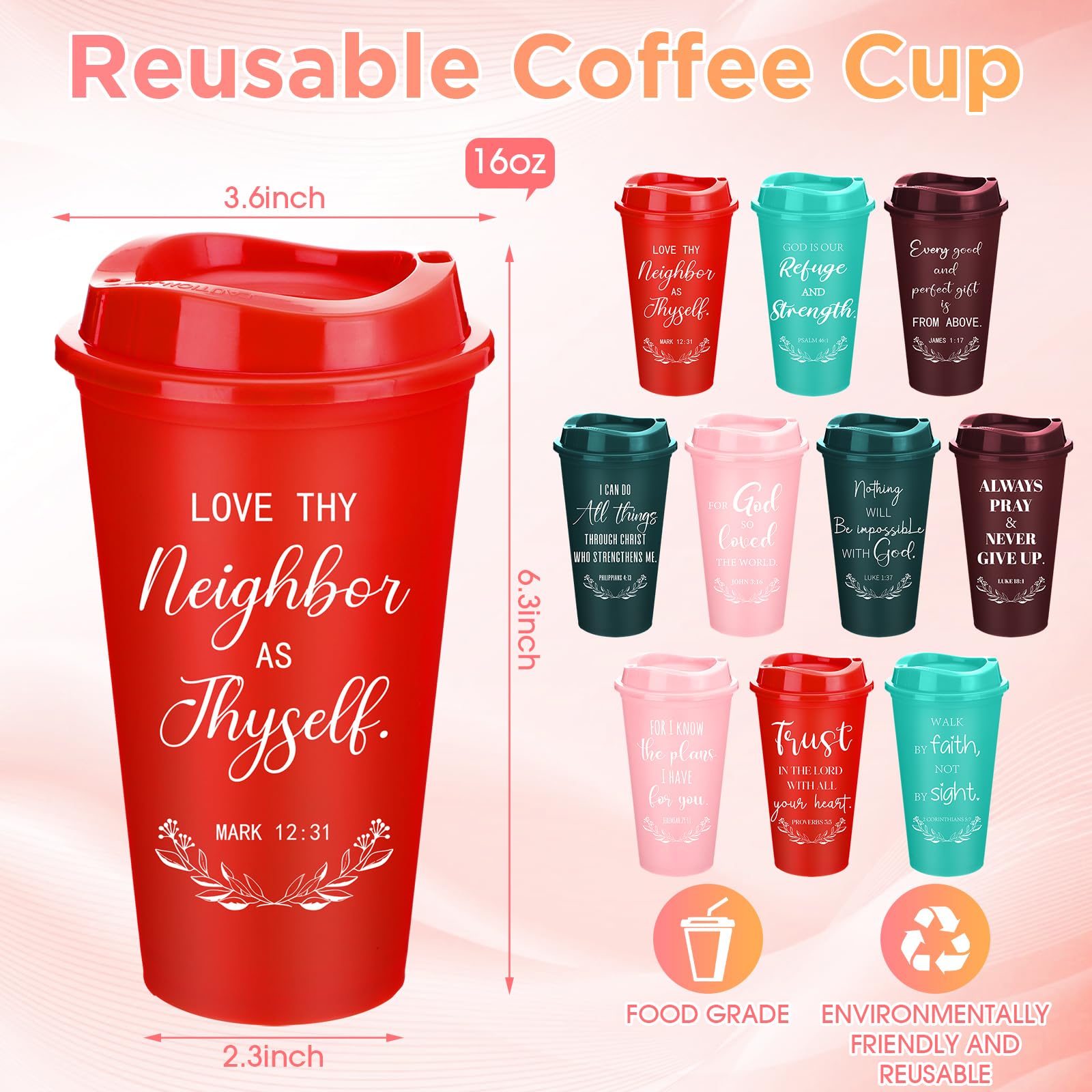 Skylety 40 Pack Christian Gifts for Men Women 16oz Reusable Bible Verse Tumbler Bulk Plastic Coffee Cups with Lids Inspirational