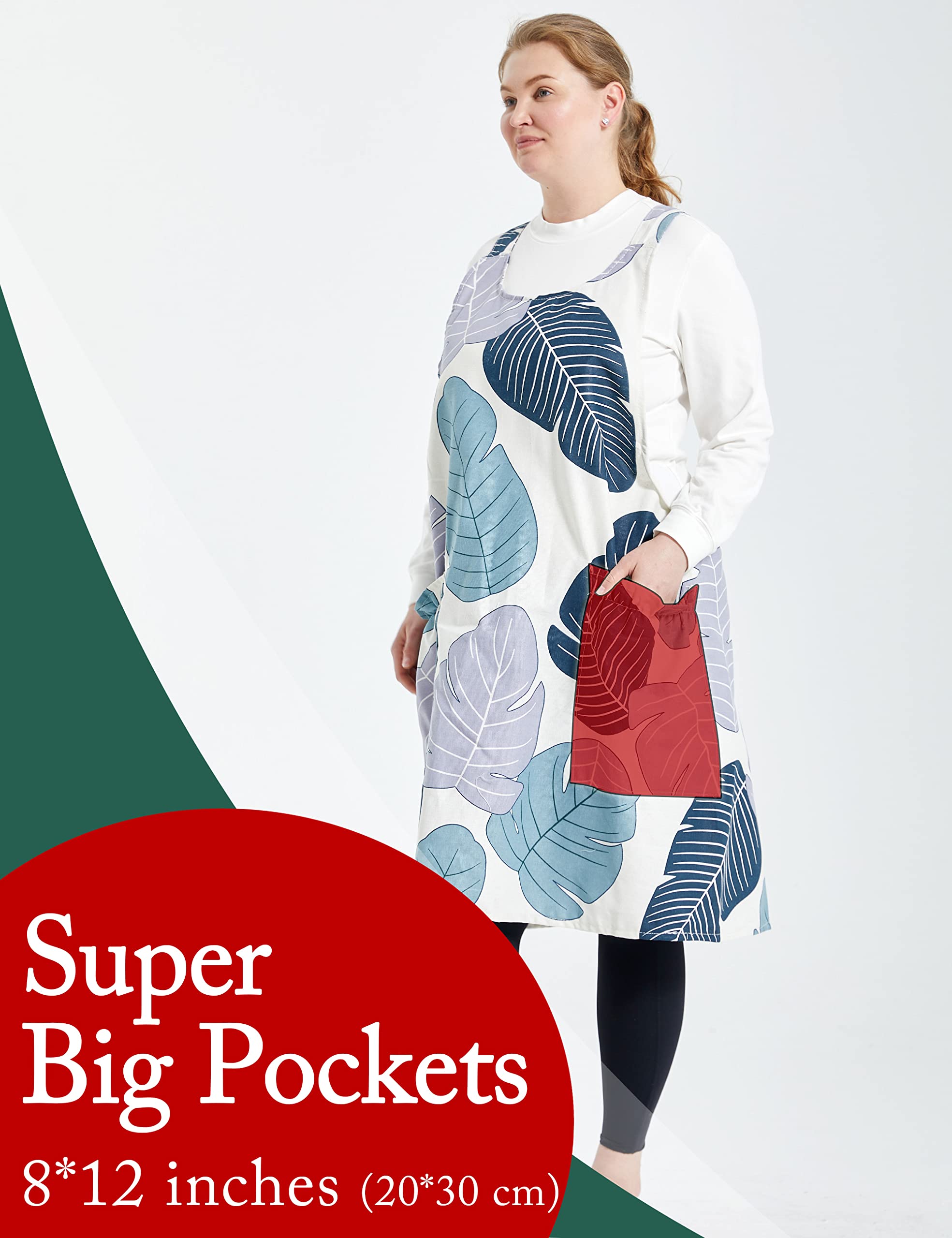 APRONNER Big Plus Size Aprons for Women with Pockets Cotton Linen Baking Kitchen Cooking Banana Leaf