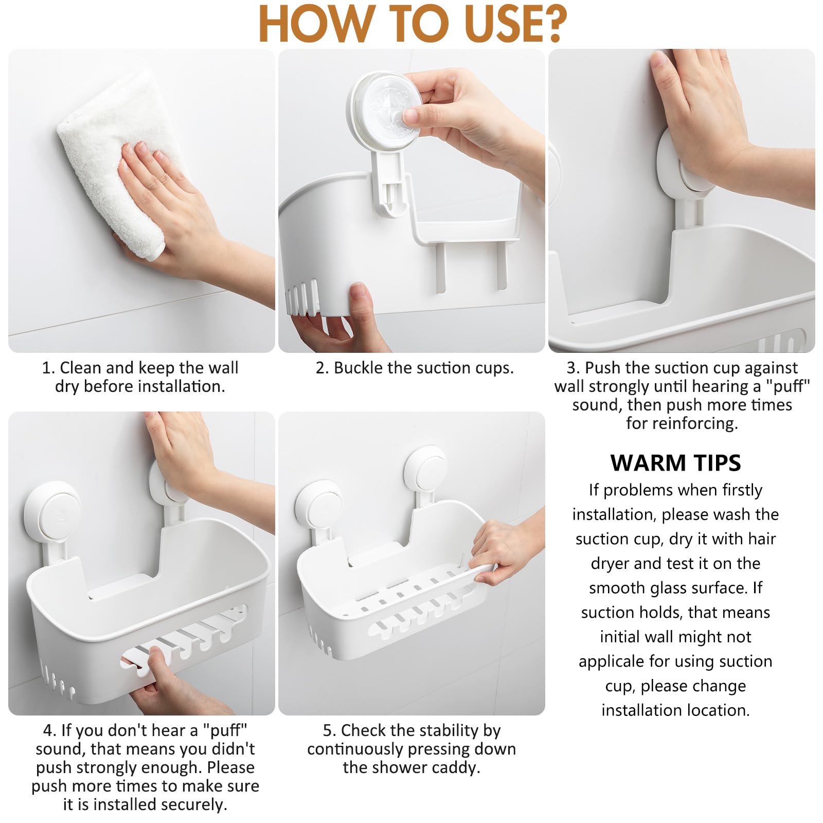 Leverloc Shower Caddy Suction Cup Set Shower Shelf Shower Basket No-Drilling Removable Suction Shower Organizer Powerful Waterpr