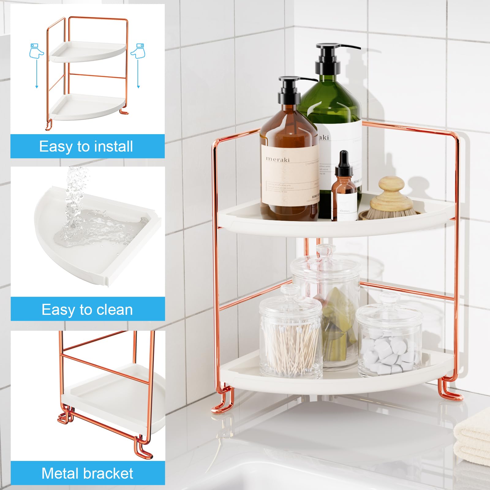 Fsyueyun 2-Tier Corner Bathroom Counter Organizer, Tool-Less Installation Vanity Shelf Small Plastics Countertop Makeup Tray Ski