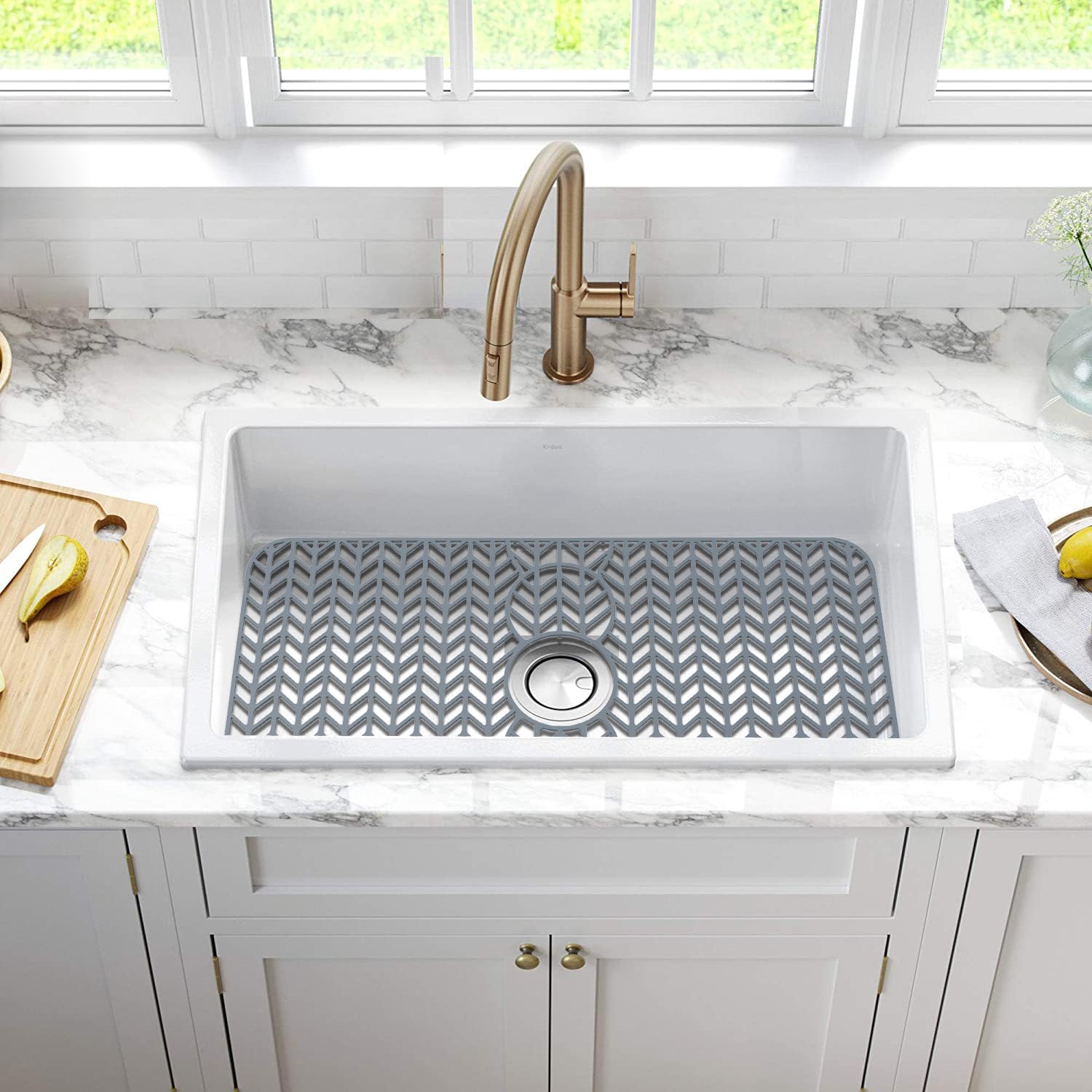 GUUKIN Sink Protectors for Kitchen Sink - 29.5''x 15'' Silicone Kitchen Sink Mat Grid for Bottom of Farmhouse Stainless Steel Porcelain Sink with 3 Reserved Holes(Grey)