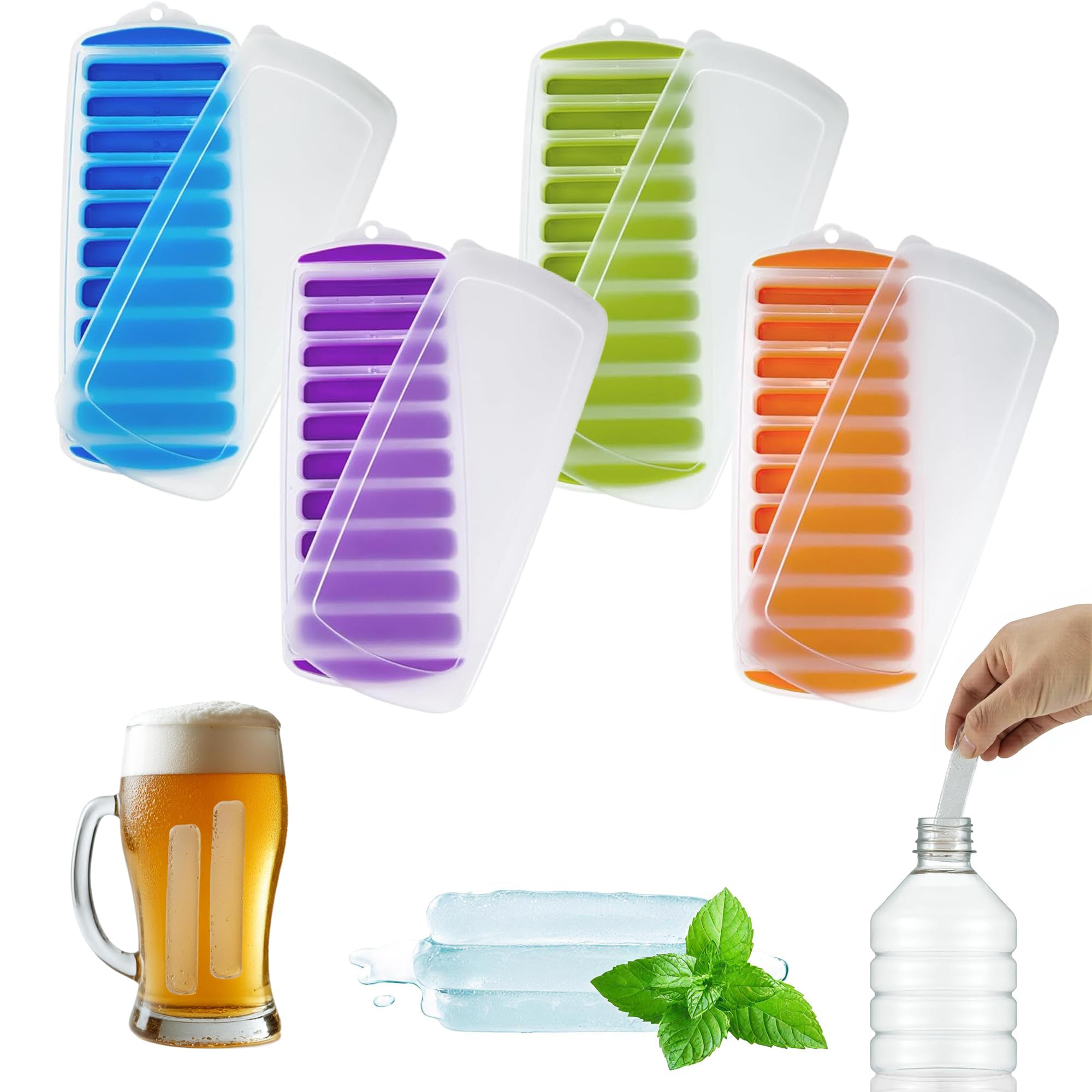Lilys Home Silicone Ice Cube Tray with Lid Set of 4, BPA-Free, Ideal for Water Bottles & Sports Bottles, Flexible & Stackable D