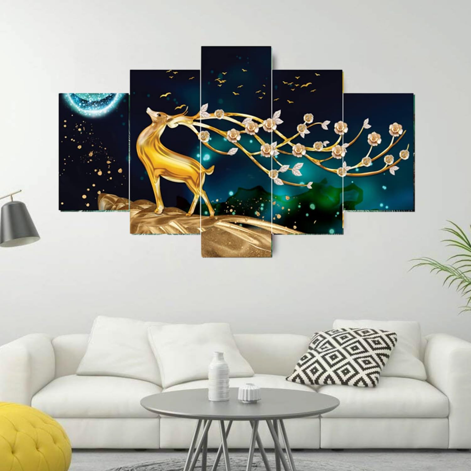 Masstone Deer Painting For Wall Decoration | Wall Painting For Bedroom Set Of 5, (76X43 Cm) | Vastu Scenery For Wall With Frames