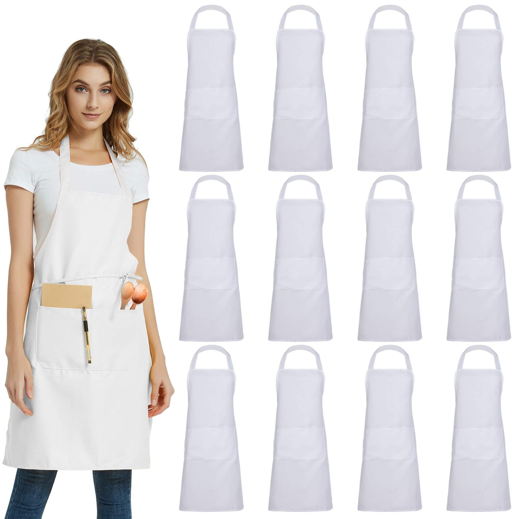 Duskcove 12 Pack Plain Bib Aprons With 2 Pockets - White Unisex Commercial Apron Bulk For Kitchen Cooking Restaurant Bbq Paintin