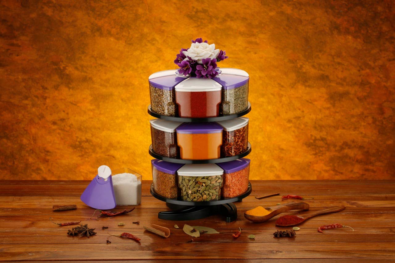 Dcloud Hub 360 Degree Revolving Round Shape Transparent Pack Of 18 Jar Spice Rack/Container 3 Layer Spice Rack Purple