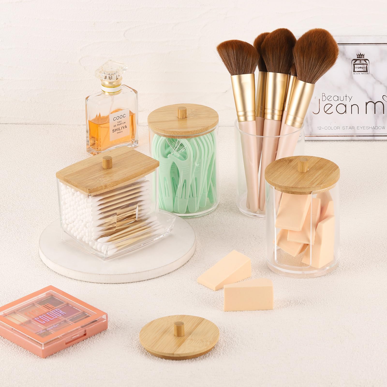 Tbestmax 4 Pack Qtip Holder Bathroom Container, 10/7Oz Cotton Ball Cotton Swabs Pads Dispenser, Apothecary Jar With Bamboo Lids