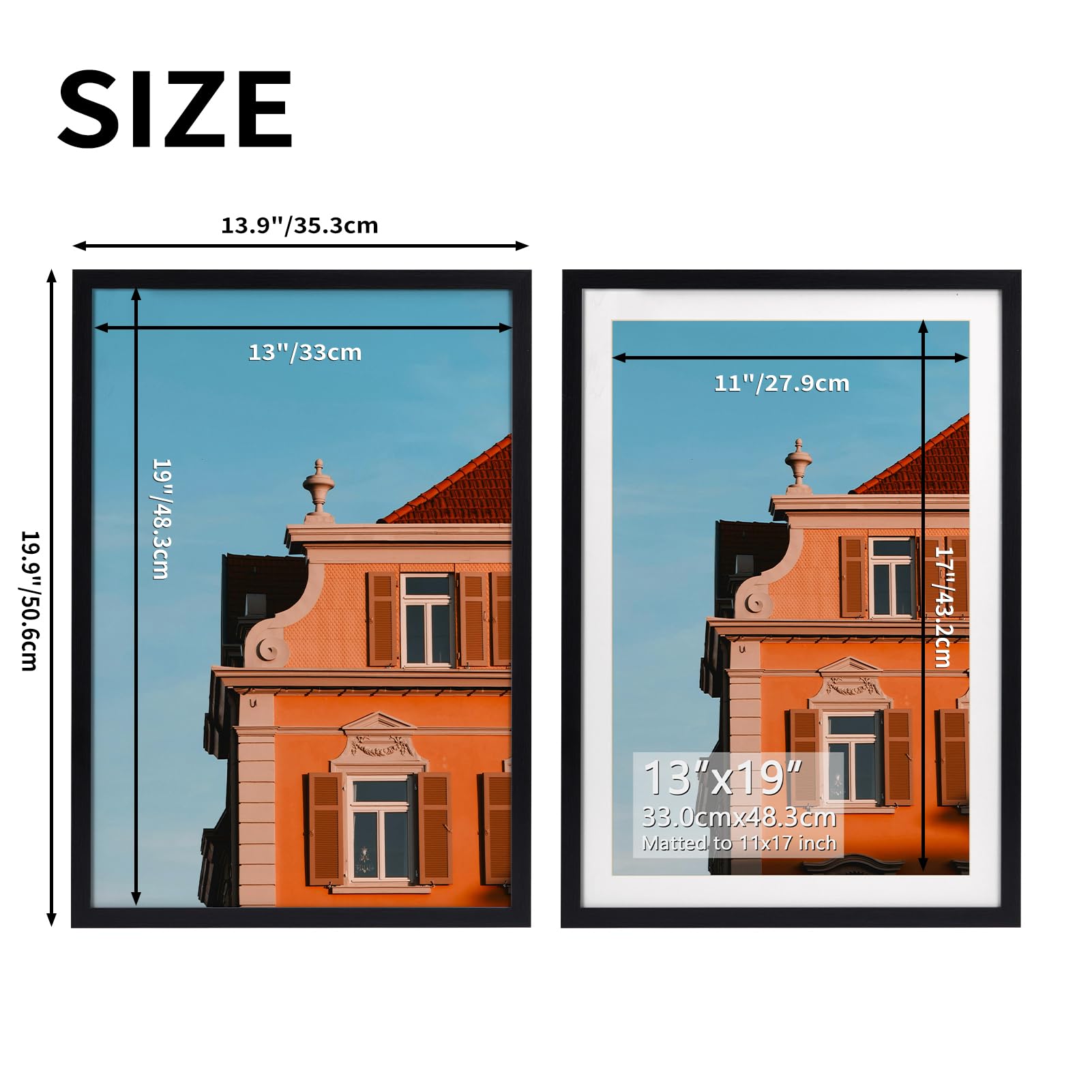 Rempry 13x19 Picture Frame, Display Pictures 11x17 with Mat or 13x19 Without Mat, Wall Hanging or Tabletop Photo Frame, Black Po