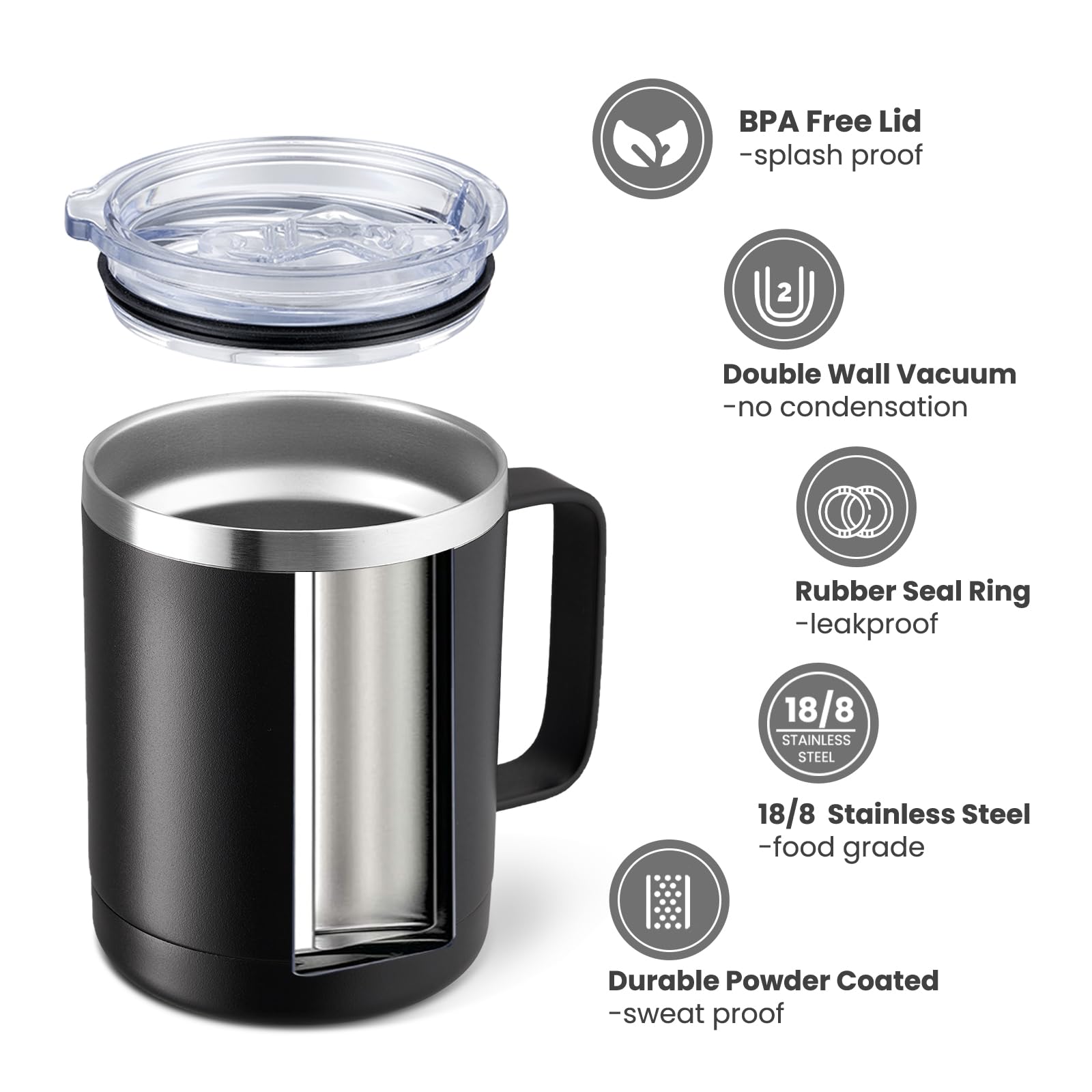 Meway 12Oz Coffee Mug With Handle And Sliding Lid,Stainless Steel Travel Tumbler Cup With Handle,Double Wall Vacuum Insulated Ca