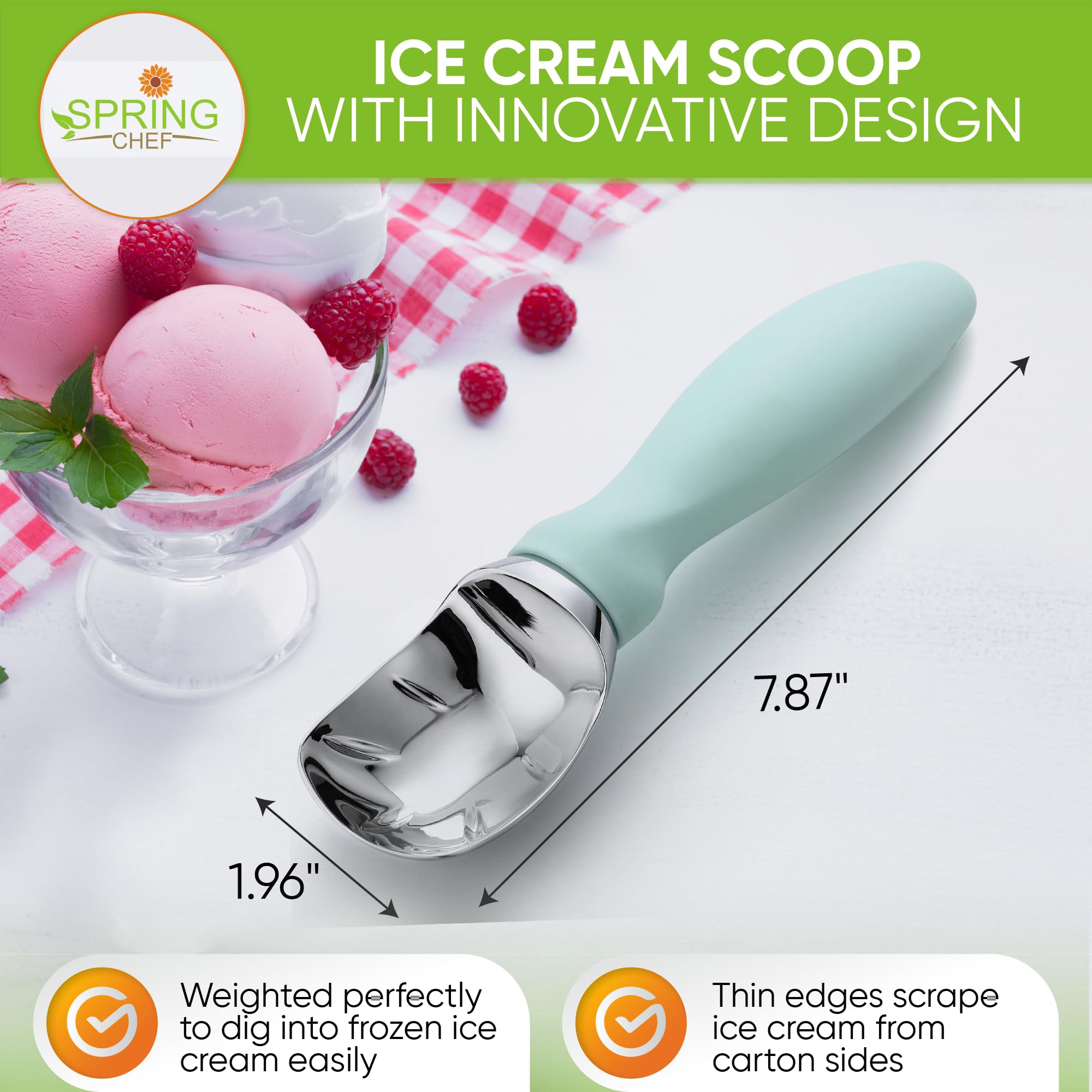 Spring Chef Heavy Duty Ice Cream Scoop With Comfortable Handle, Professional Metal Ice Cream Spoon, Dishwasher Safe Kitchen Tool