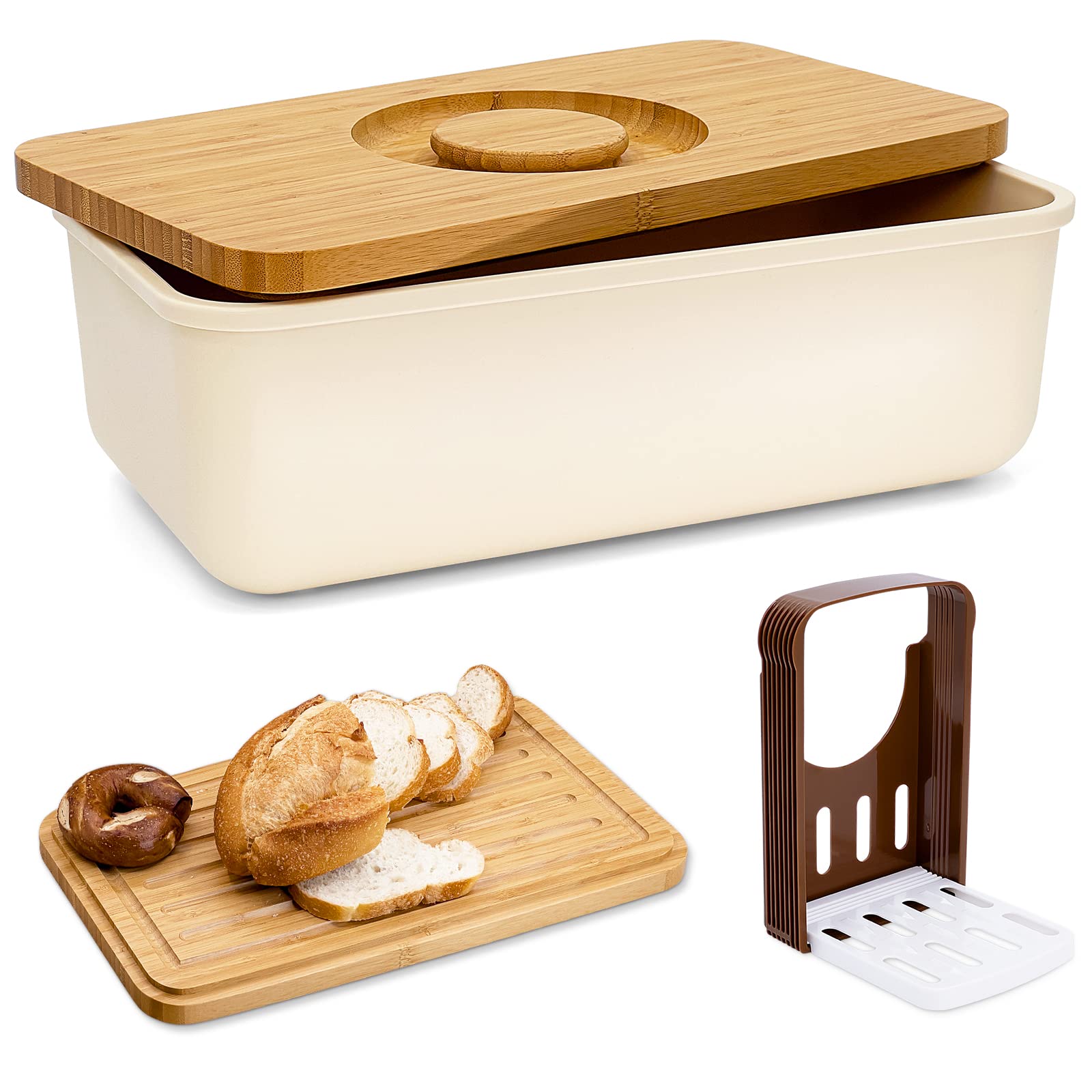 Triiter Bread Box With Bamboo Wood Cutting Board Lid & Bread Slicer Holder, Rectangular Cream Color Bread Container For Kitchen