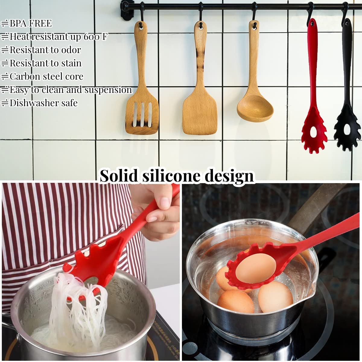 Silicone Pasta Fork, 2Pcs Spaghetti Spoon Pasta Fork High Heat Resistant 480F Hygienic Spaghetti Server Food Grade Pasta Spoon B
