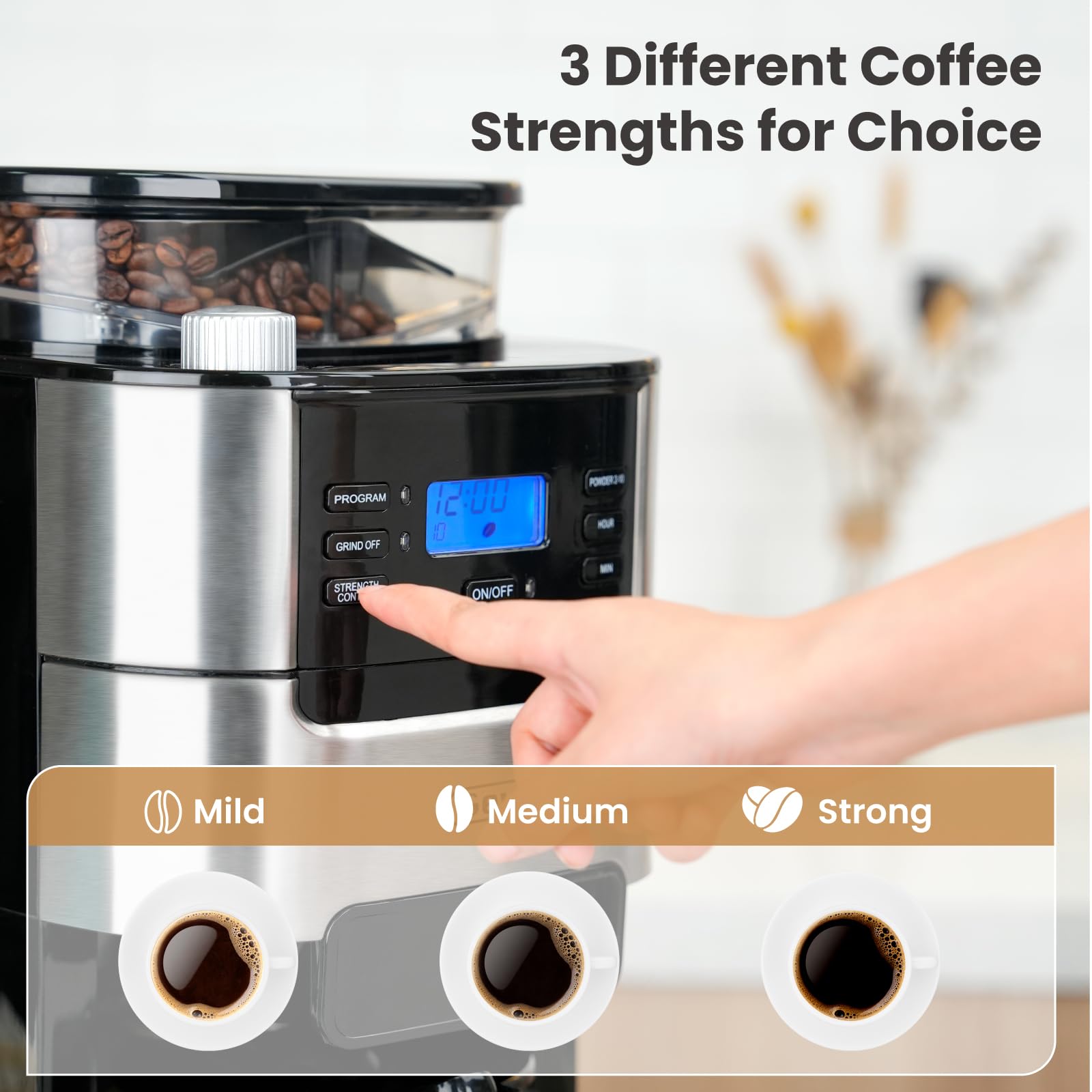 Gevi 10-Cup Drip Coffee Maker With Built-In Grinder, Programmable Brew Coffee Machine With Timer, Reusable Filter, 1.5L Water Ta