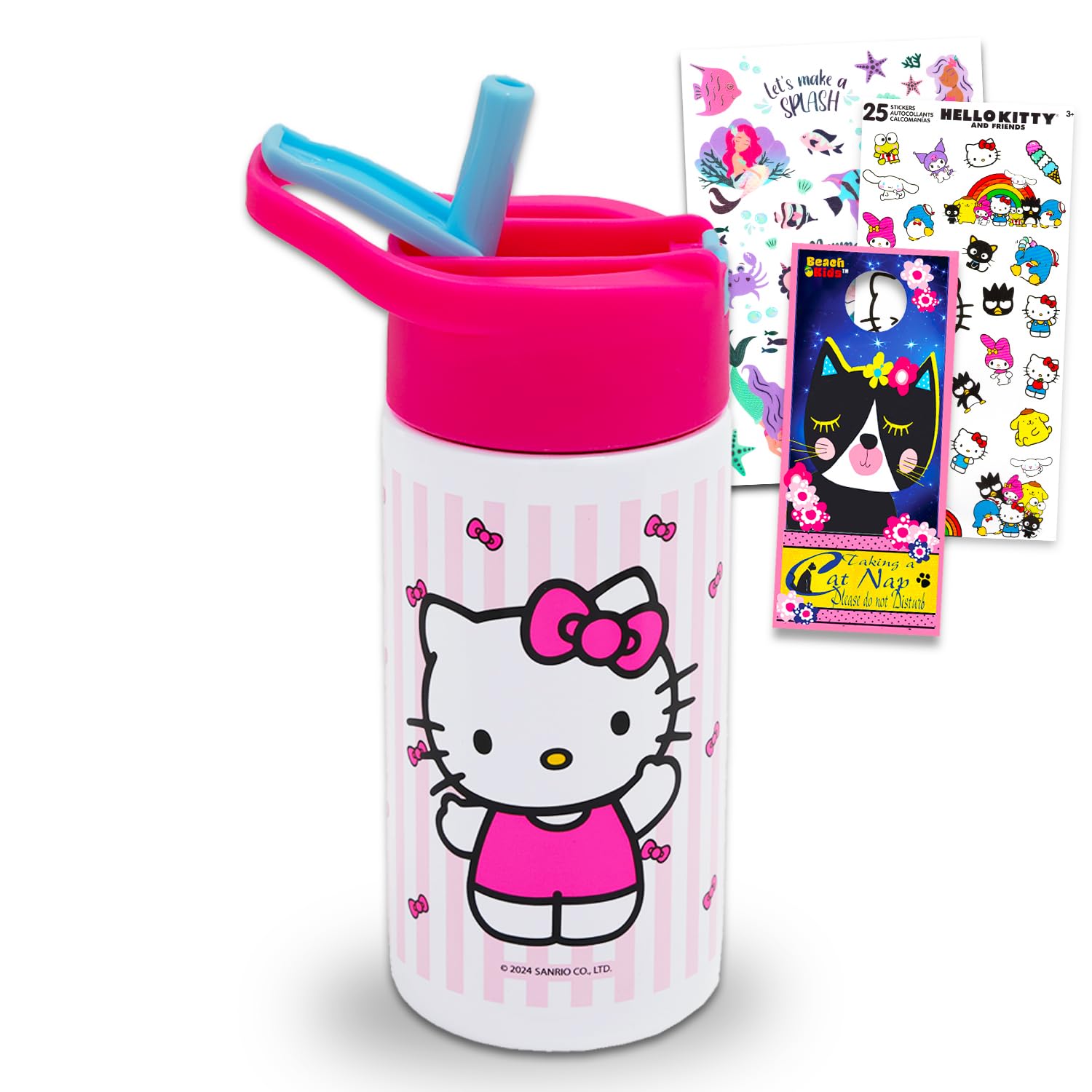 Hello Kitty Stainless Steel Water Bottle Set  Bundle of 14oz Reusable Canteen for Home, School & Sports, Sticker, Tattoos, More