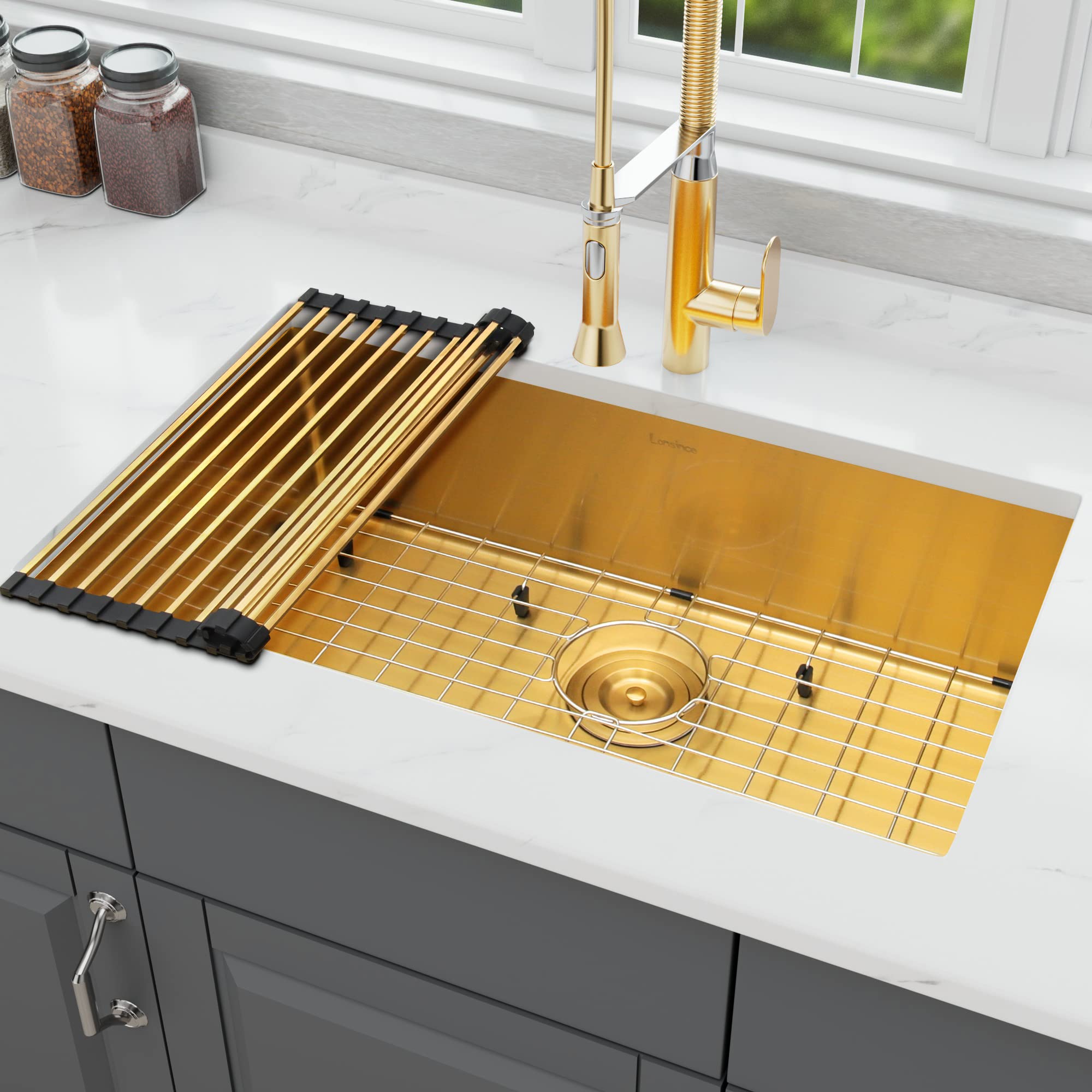 Lonsince Gold Undermount Kitchen Sink 30x18 inch,Stainless Steel Undermount Sink,Single Bowl Kitchen Sinks