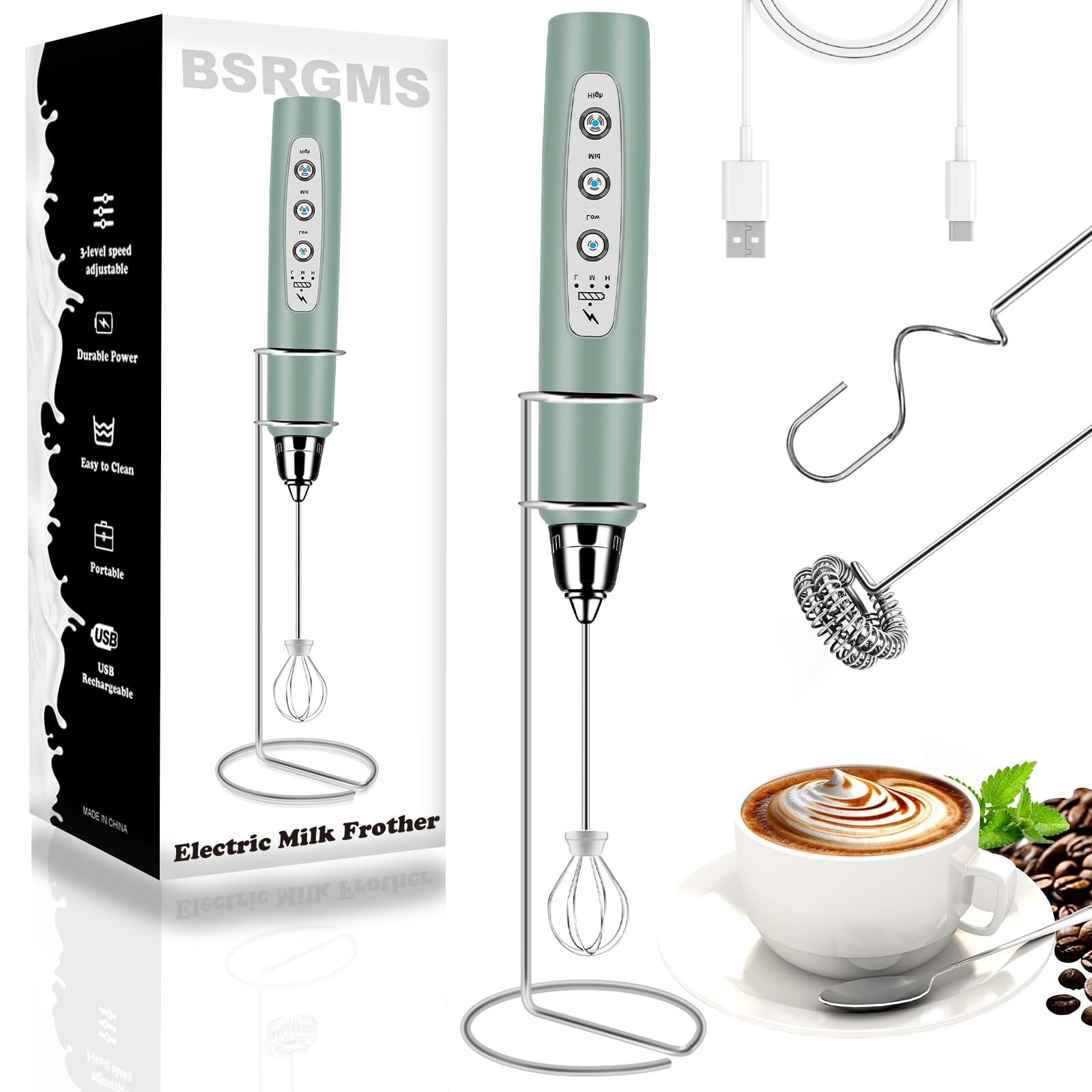 Bsrgms Milk Frother Handheld With Stand, Electric Whisk 3 Speed Adjustable, Drink Mixer With Stainless 3 Whisk, Rechargeable Han