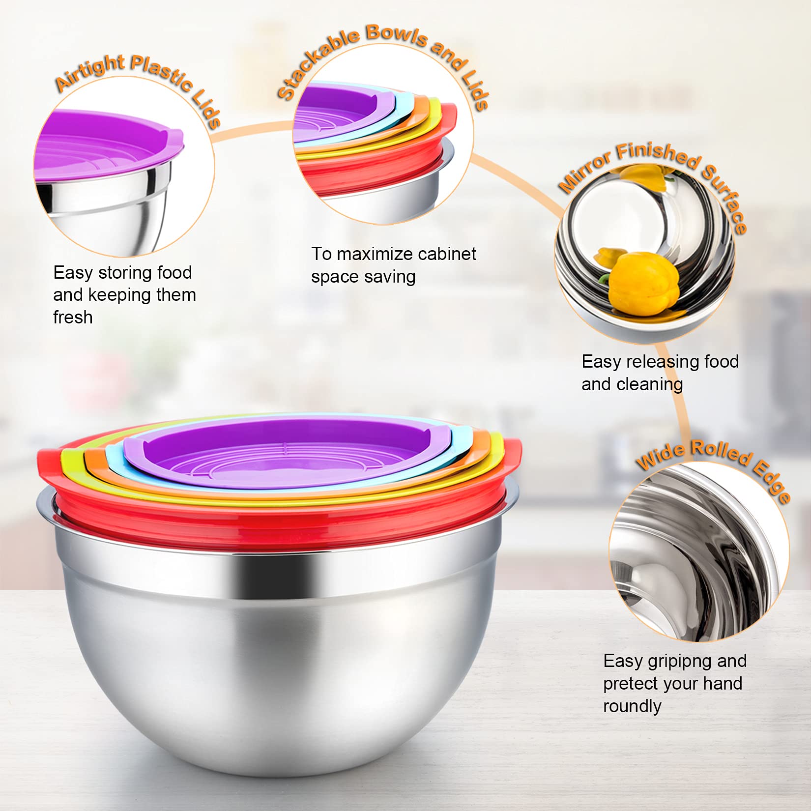 P&P Chef Mixing Bowl With Lid Set Of 5, 10-Piece Stainless Steel Nesting Salad Bowl Set For Prepping, Mixing And Serving, Size 4