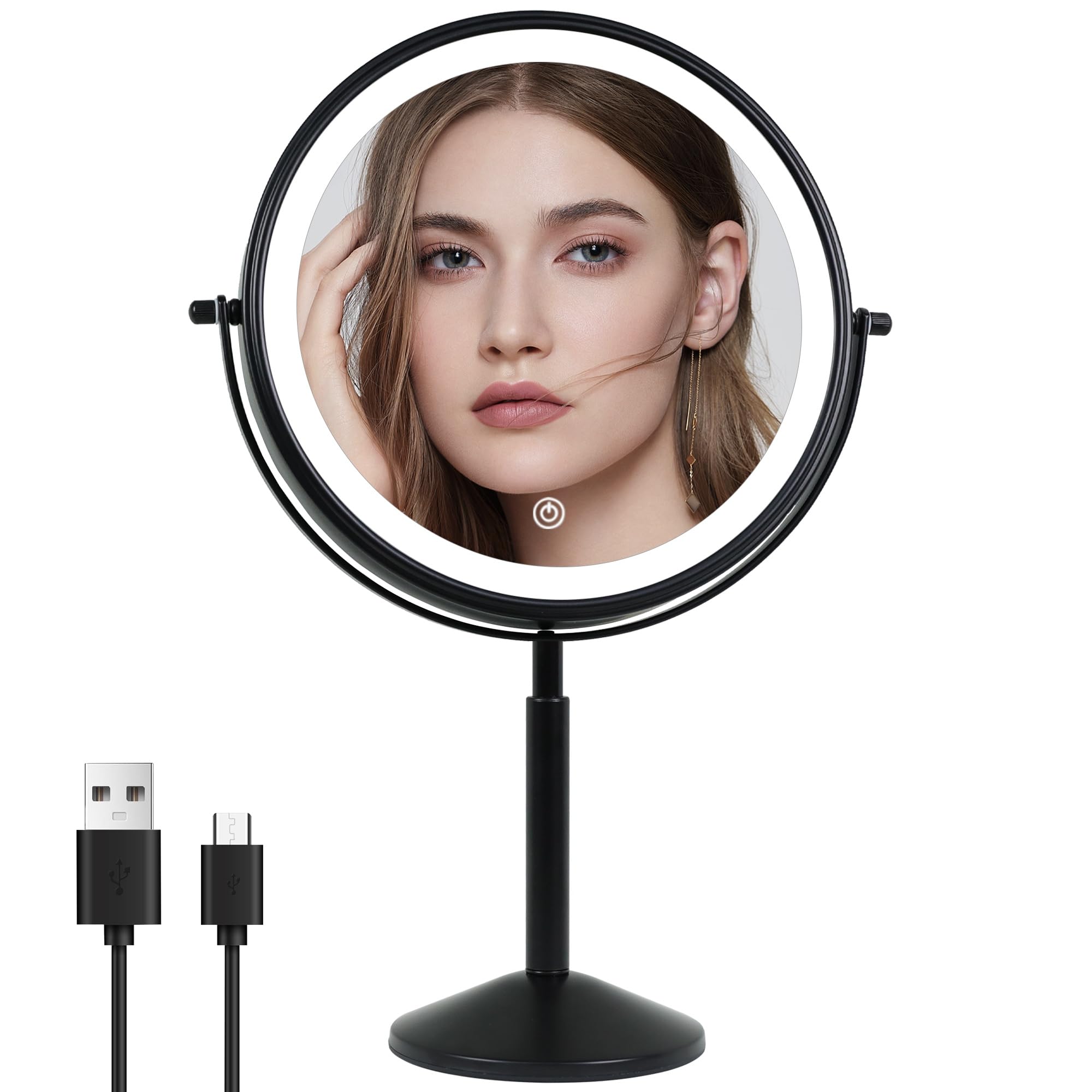 Yngtoue 9'' Makeup Mirror With Lights And 10X Magnification Led 3000Mah Rechargeable, 360 Rotating Adjustment,Black Vanity Swive