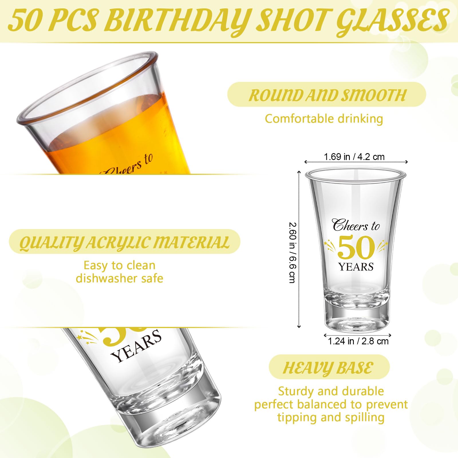 Pickmesh 50 Sets Black Gold Birthday Party Favors for Guests Souvenir Multicolor 50 Years Old Gift Bulk Acrylic Clear 1.2oz Shot