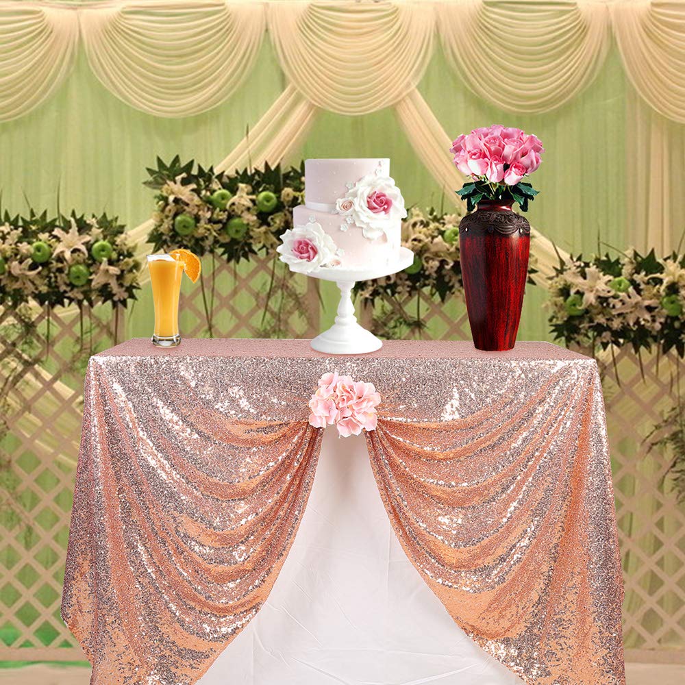 Jyflzq Rose Gold Sequin Tablecloth 50 X 80 Rose Gold Glitter Table Cloths Rectangular Sparkly Table Cover Overlay For Wedding Bi