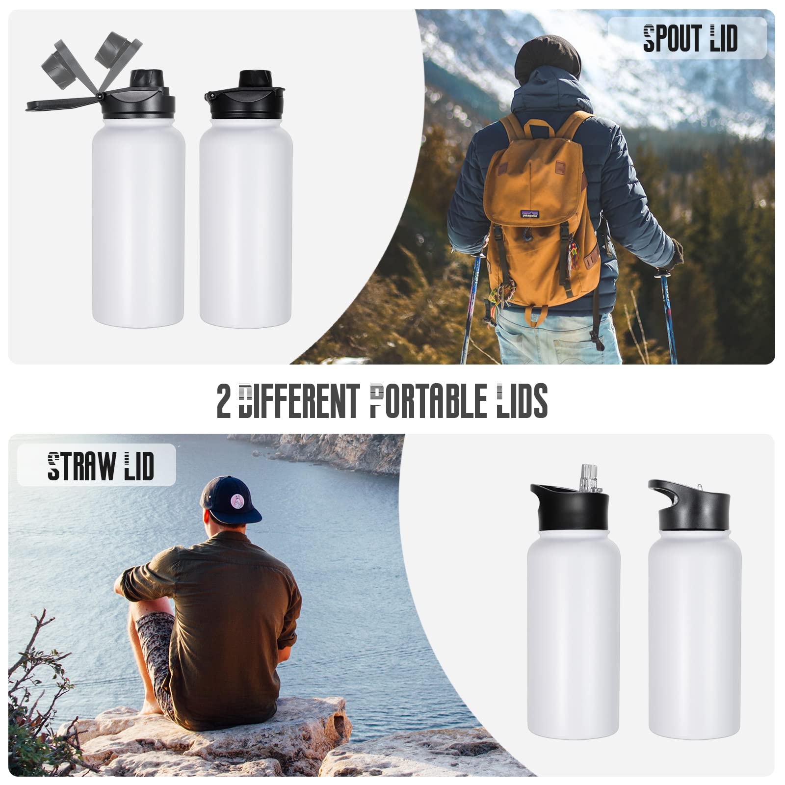 Vqrrcki 32 Oz Insulated Water Bottle With Straw Lid & Wide Mouth Lids, Stainless Steel Sports Water Bottles, Double Walled Vacuu