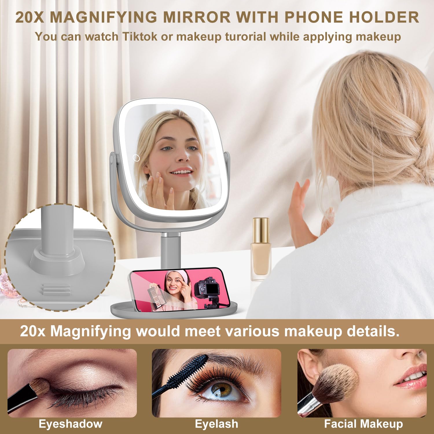 Mocado Makeup Mirror With Lights, 1X/20X Magnifying Mirror With Light, Vanity Mirror With 3 Colors Lights, Height Adjustable Lig