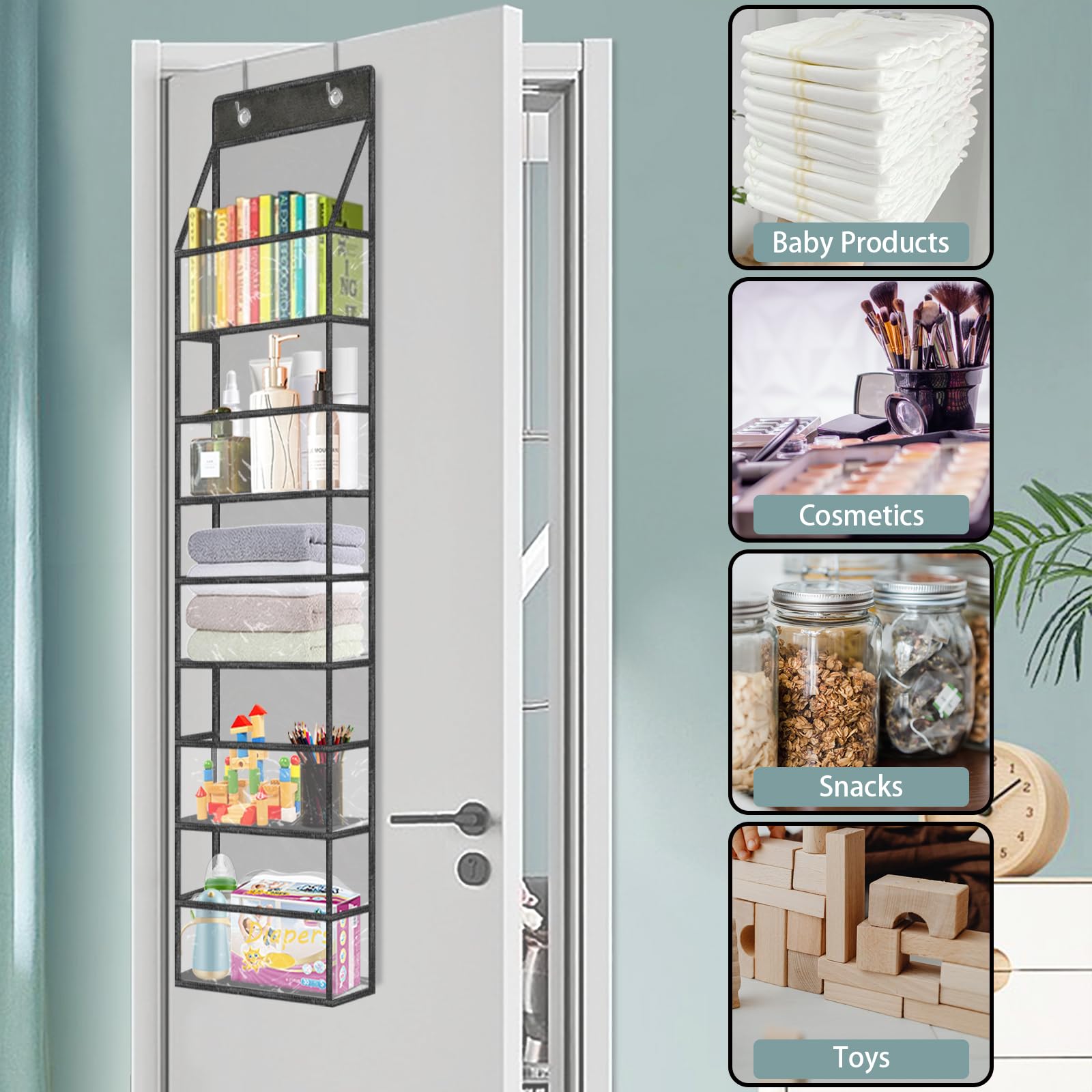 5-Shelf Over The Door Hanging Pantry Organizer, Room Organizer With Clear Plastic Pockets, Behind The Door Storage Organizer Lar