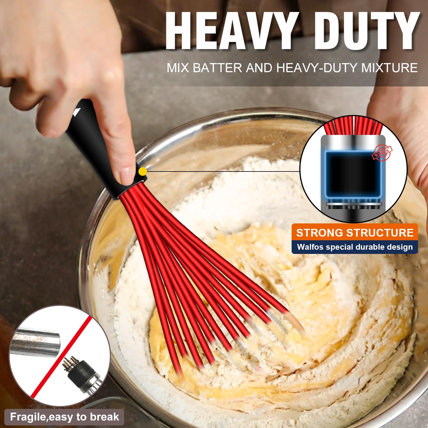 Walfos Whisk, Silicone Whisk Heat Resistant (480F) Kitchen Whisks Set Of 4- Professional Whisks For Cooking Non Scratch, Balloon